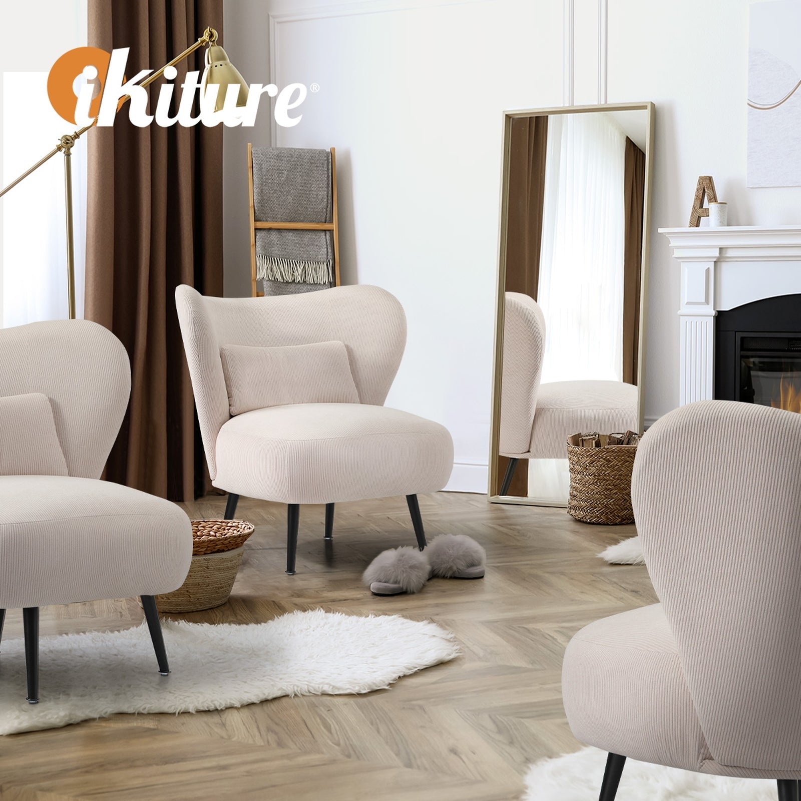 Oikiture 2x Armchair Lounge Chair with Lumbar Pillow Wingback Velvet Beige - Sunyee