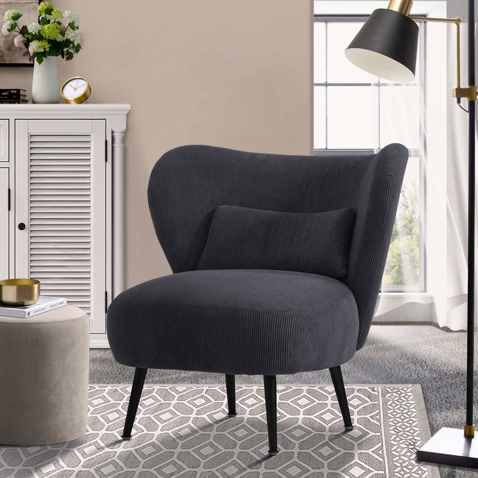 Oikiture Armchair Lounge Chair with Lumbar Pillow Wingback Velvet Charcoal - Sunyee