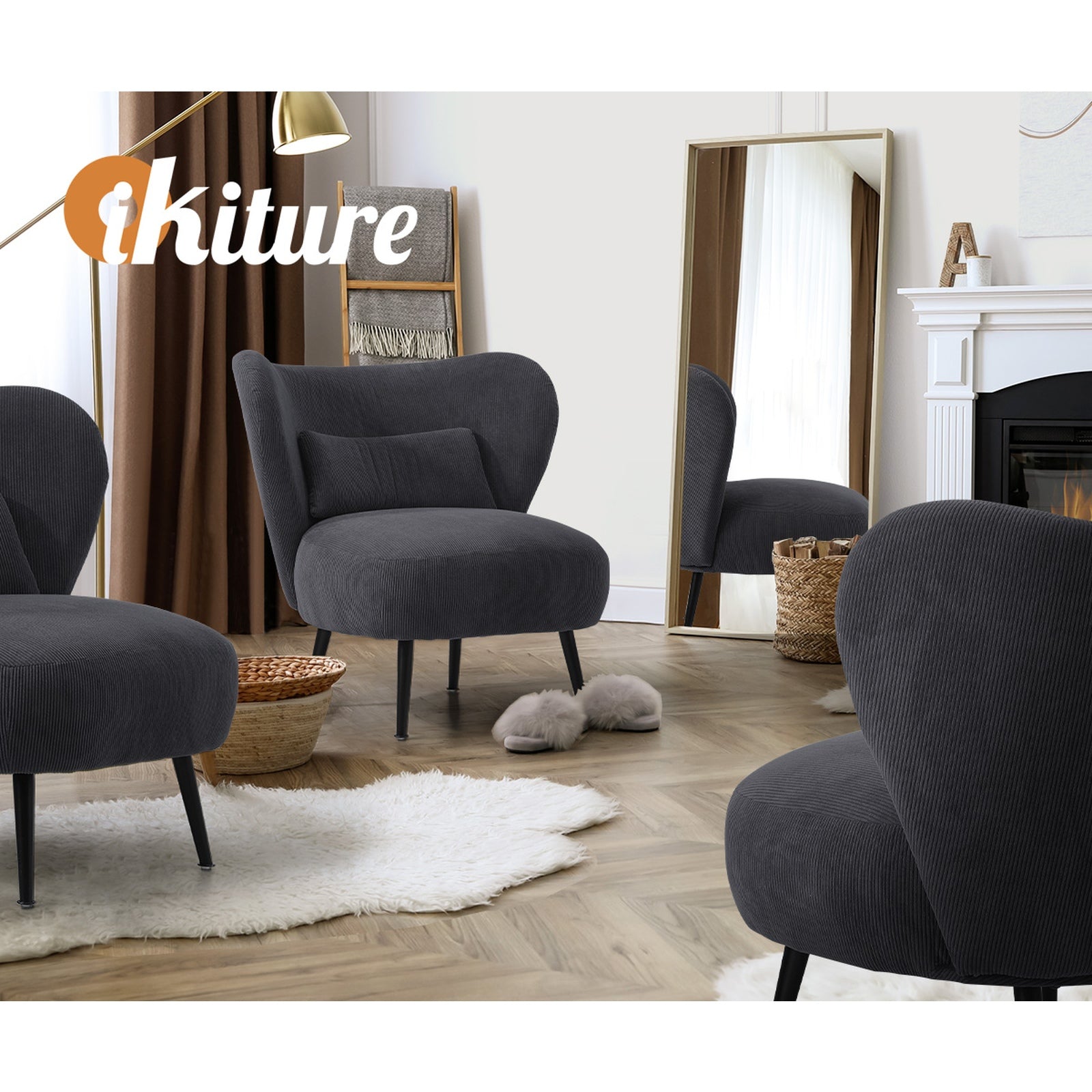 Oikiture Armchair Lounge Chair with Lumbar Pillow Wingback Velvet Charcoal - Sunyee