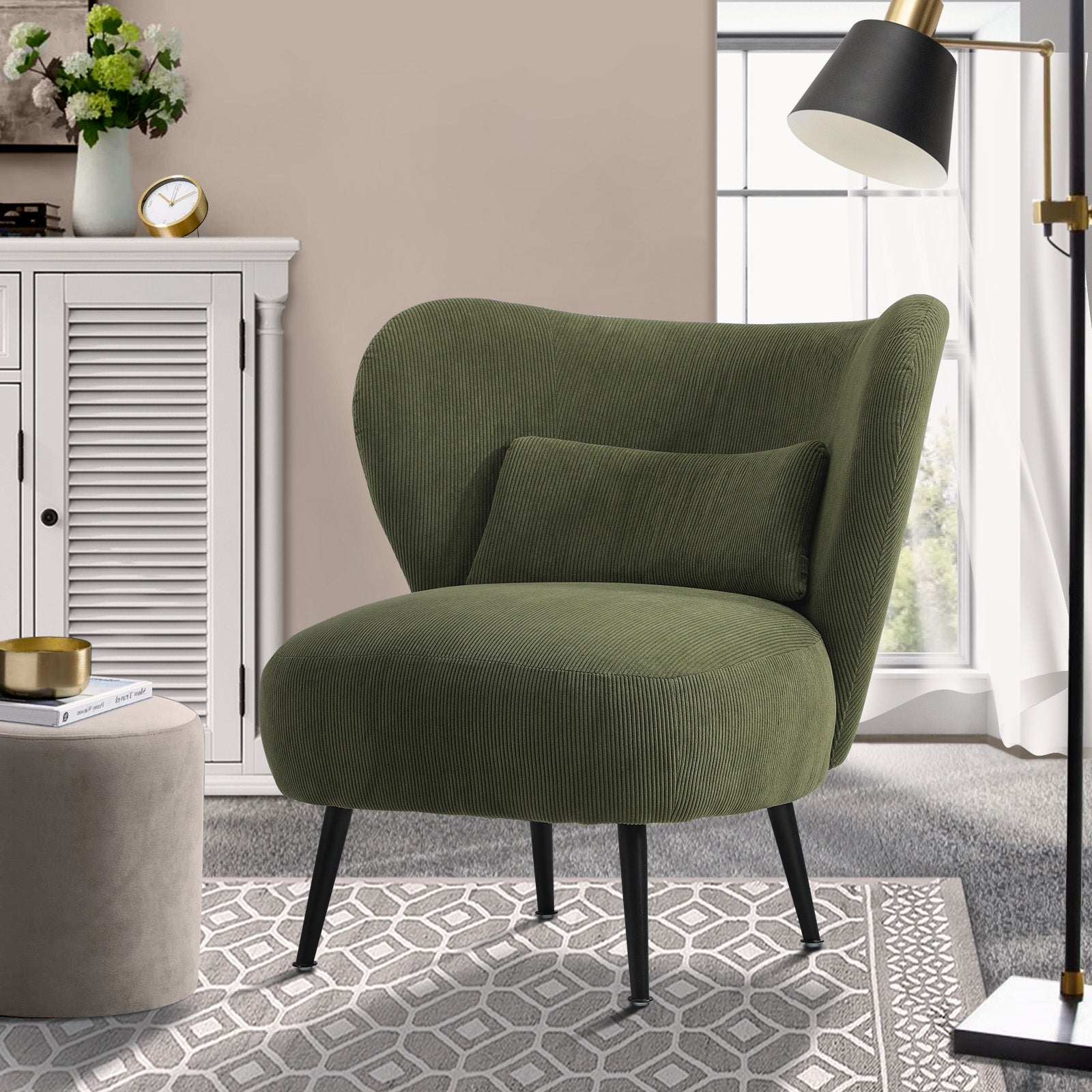 Oikiture Armchair Lounge Chair with Lumbar Pillow Wingback Velvet Green - Sunyee