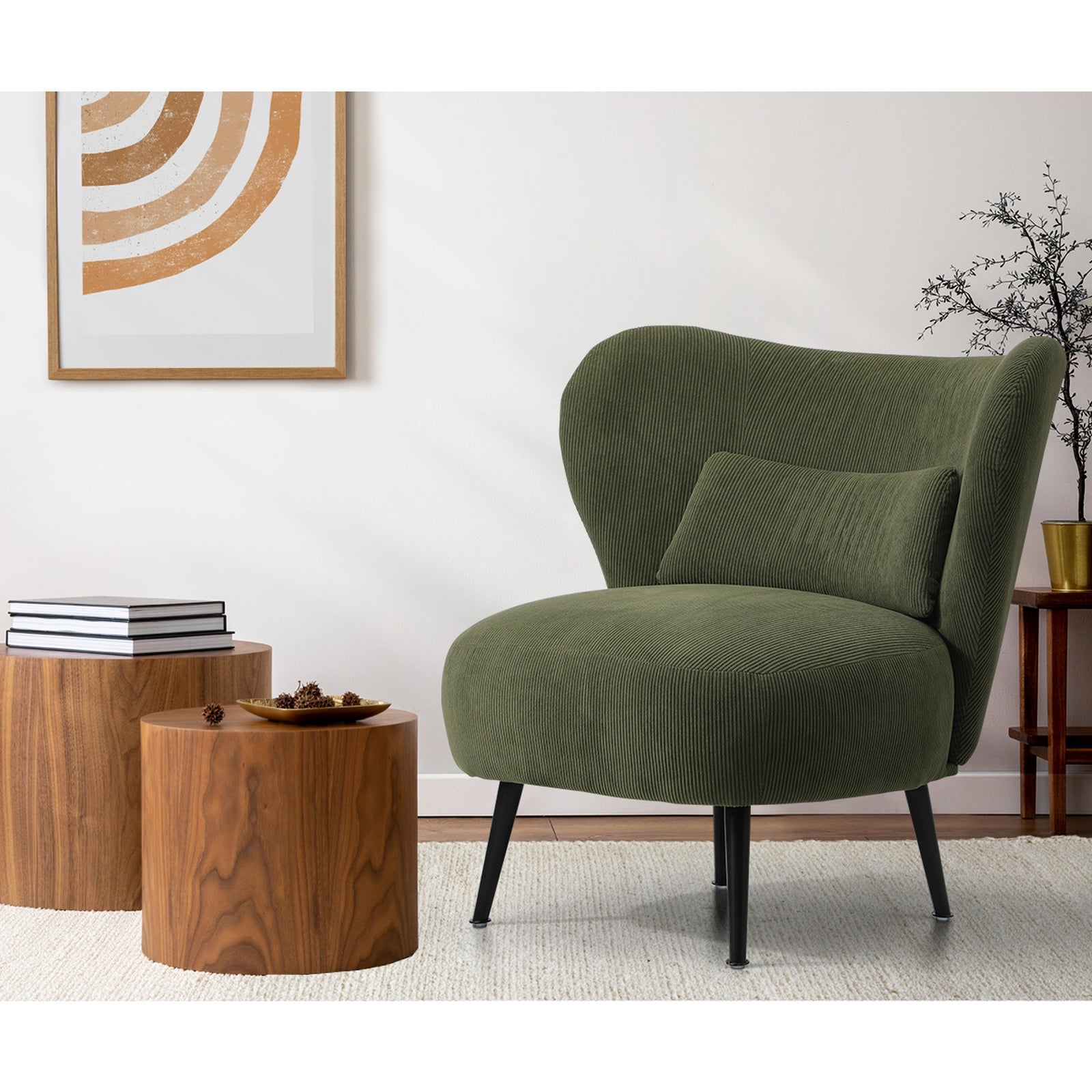 Oikiture Armchair Lounge Chair with Lumbar Pillow Wingback Velvet Green - Sunyee