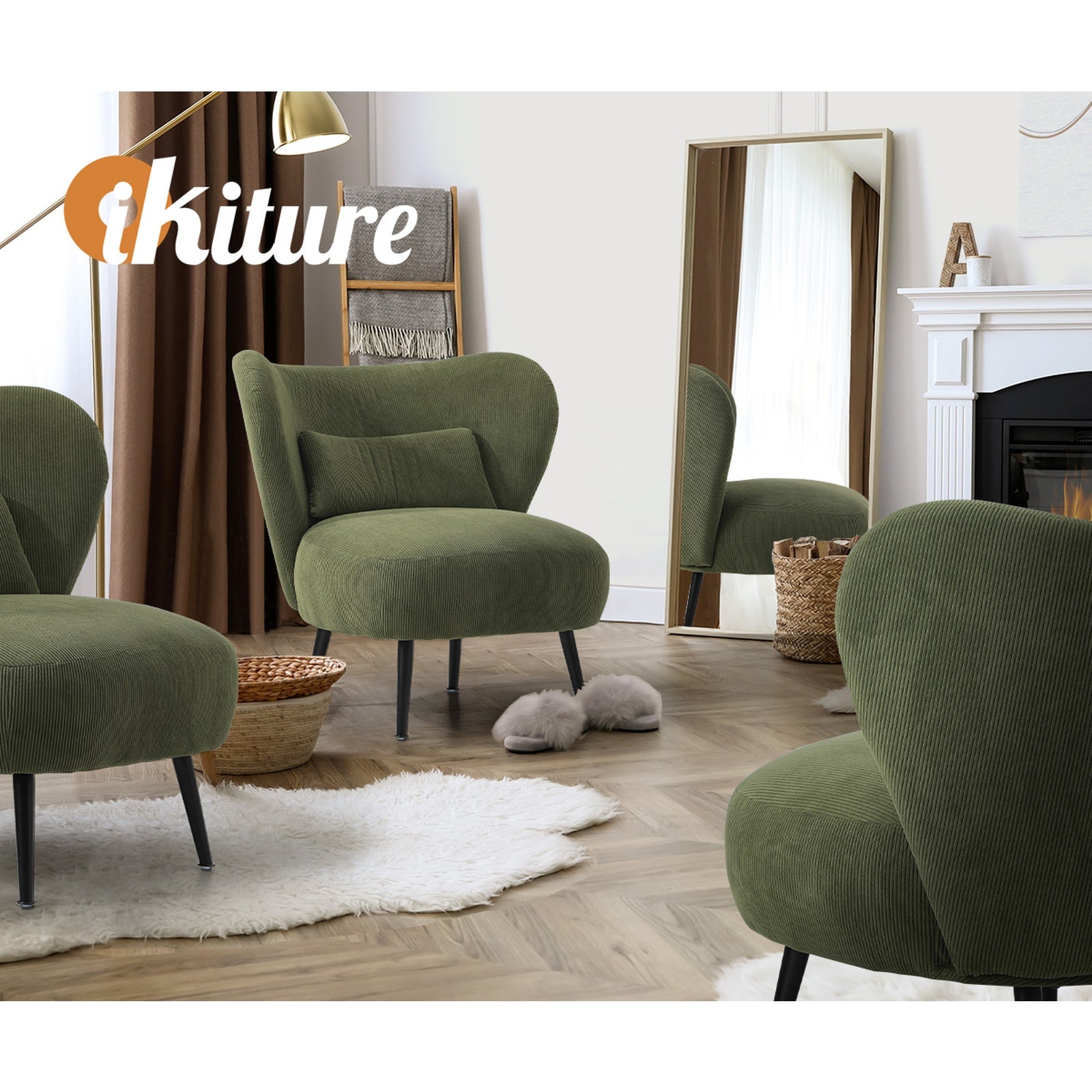 Oikiture Armchair Lounge Chair with Lumbar Pillow Wingback Velvet Green - Sunyee