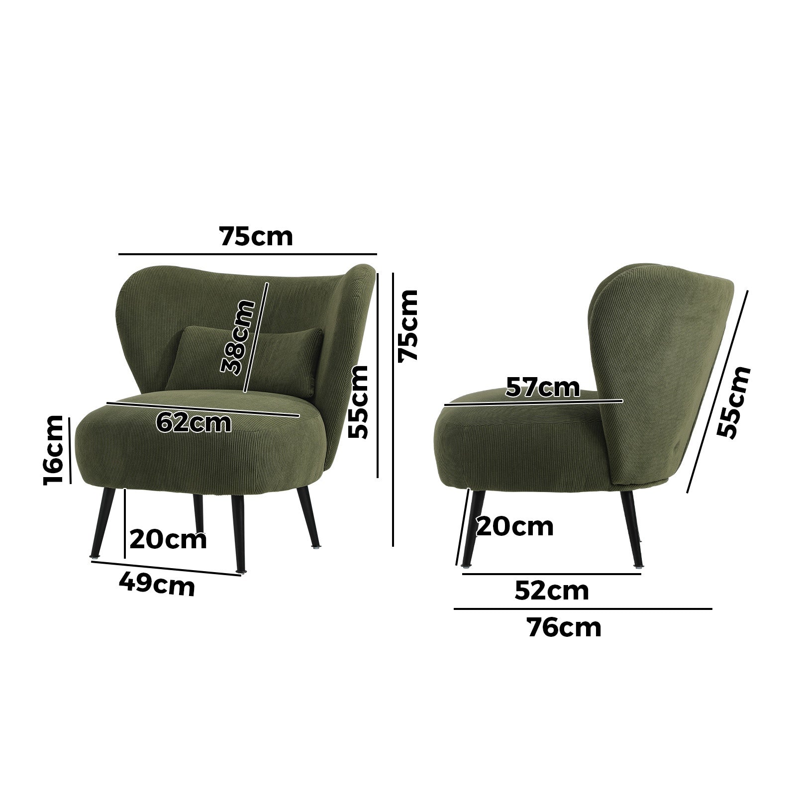 Oikiture Armchair Lounge Chair with Lumbar Pillow Wingback Velvet Green - Sunyee