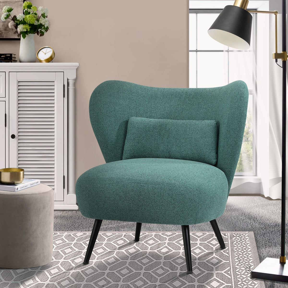 Oikiture Armchair Lounge Chair with Lumbar Pillow Wingback Polyester linen Green - Sunyee
