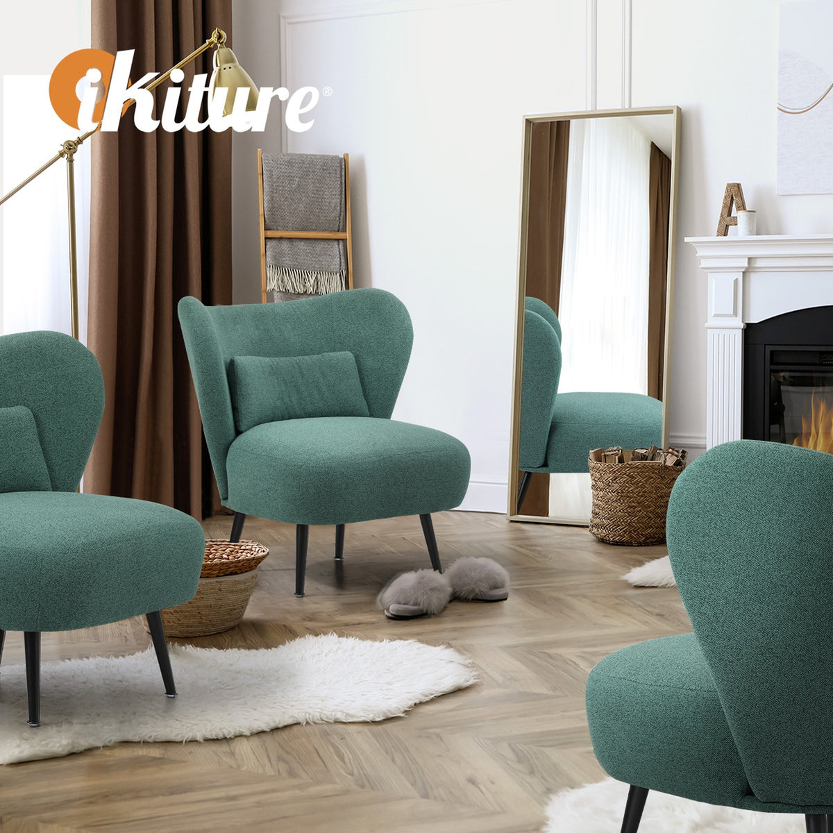 Oikiture Armchair Lounge Chair with Lumbar Pillow Wingback Polyester linen Green - Sunyee