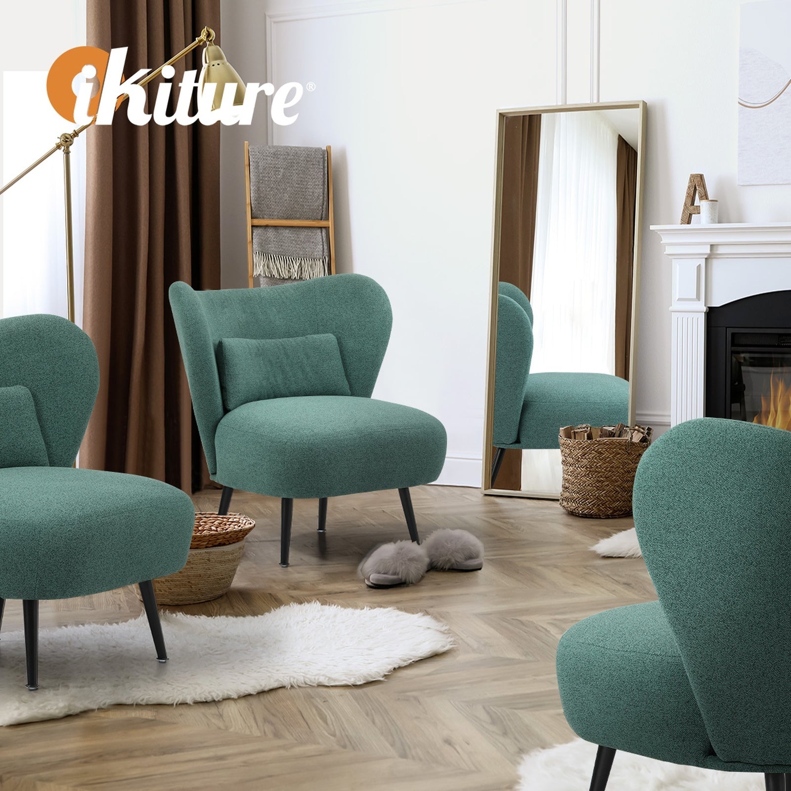 Oikiture 2x Armchair Lounge Chair with Lumbar Pillow Wingback Linen Green - Sunyee