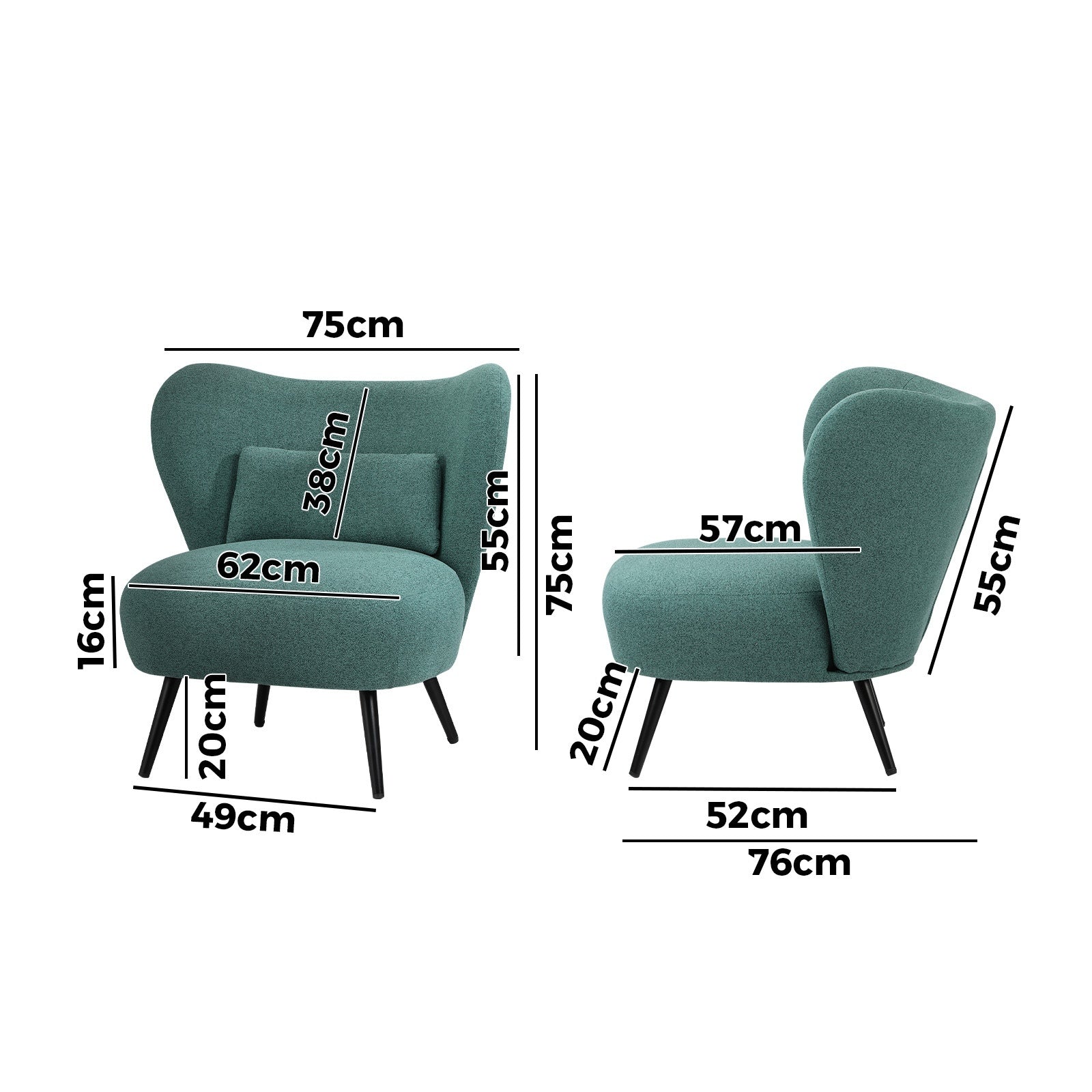 Oikiture 2x Armchair Lounge Chair with Lumbar Pillow Wingback Linen Green - Sunyee