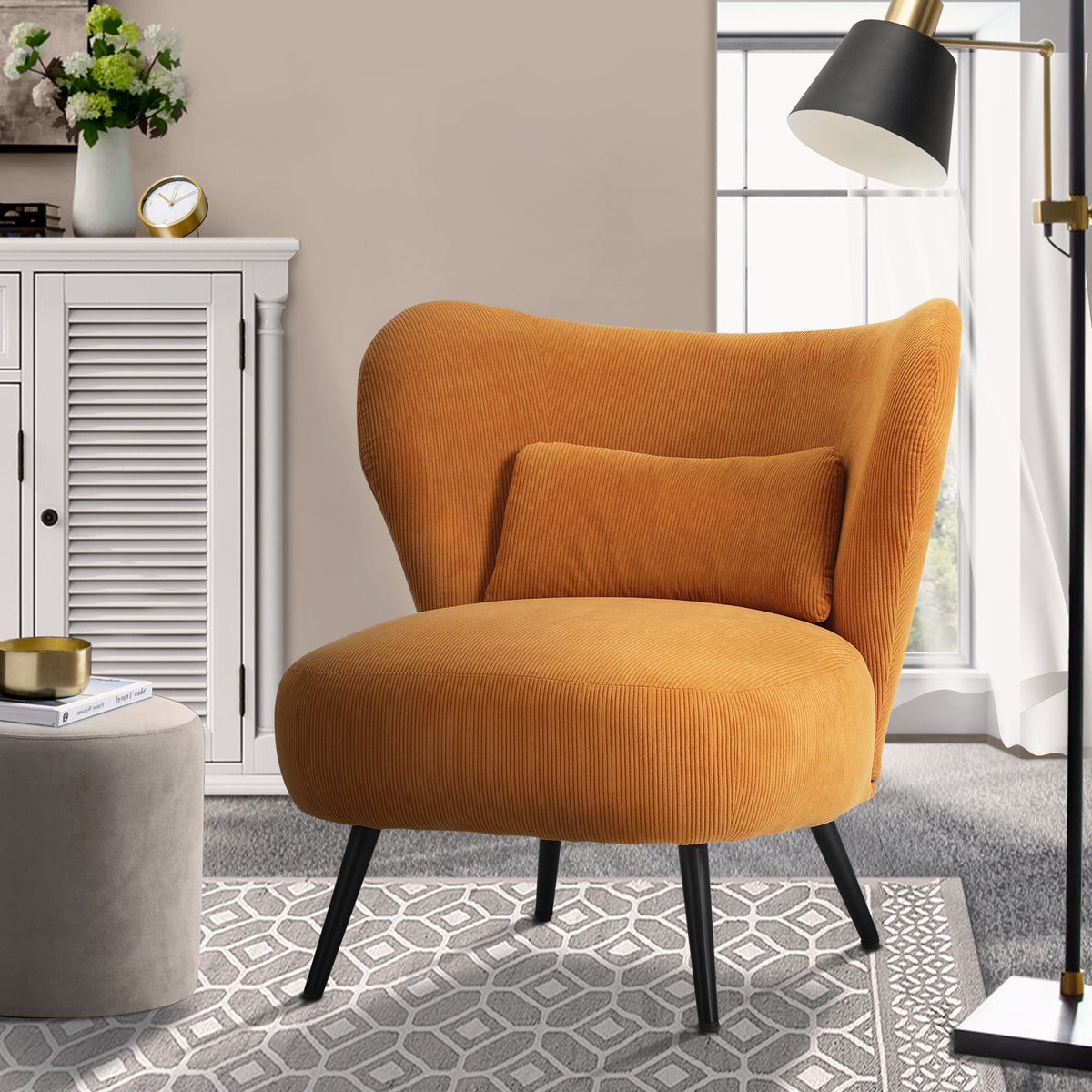 Oikiture Armchair Lounge Chair with Lumbar Pillow Wingback Velvet Orange - Sunyee