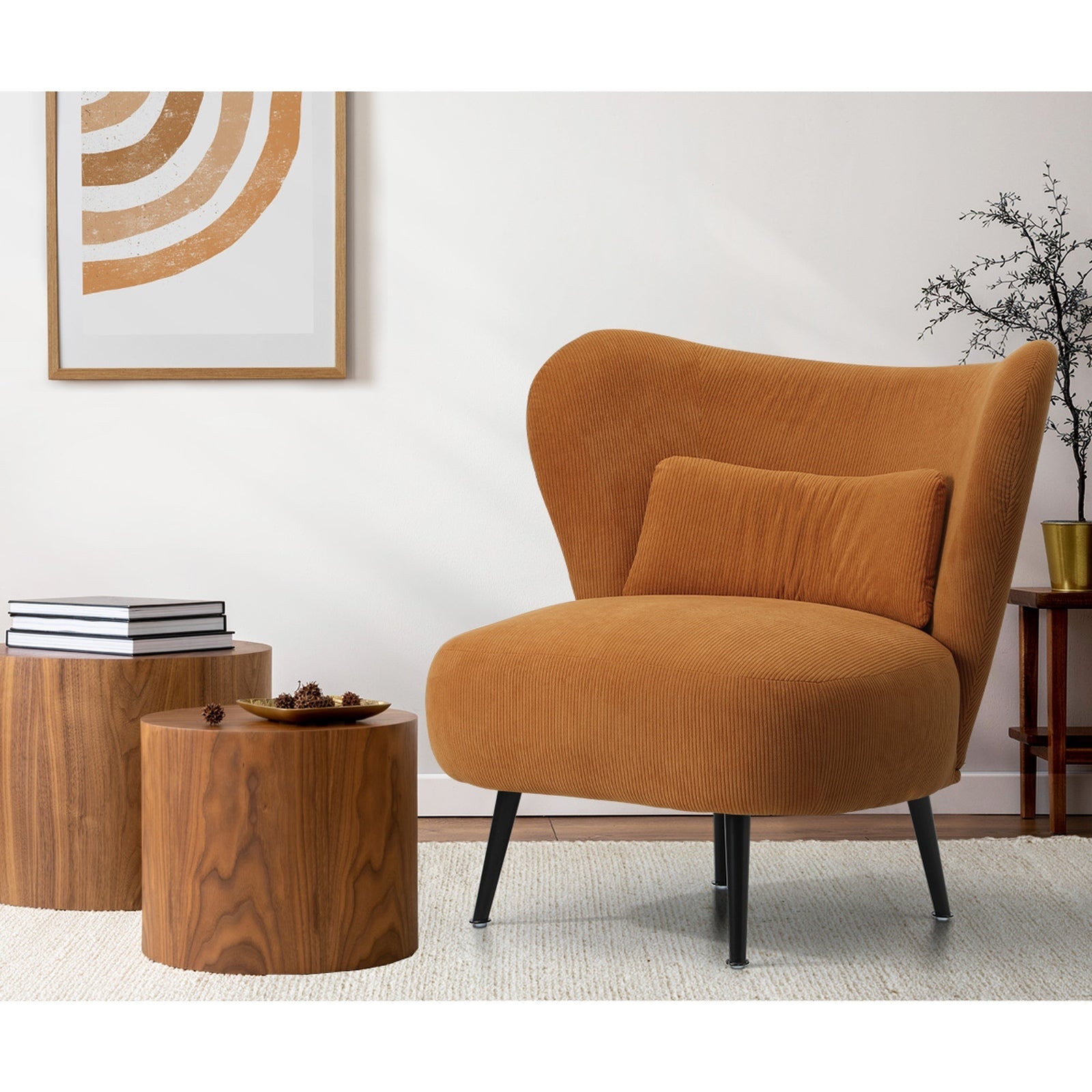 Oikiture 2x Armchair Lounge Chair with Lumbar Pillow Wingback Velvet Orange - Sunyee