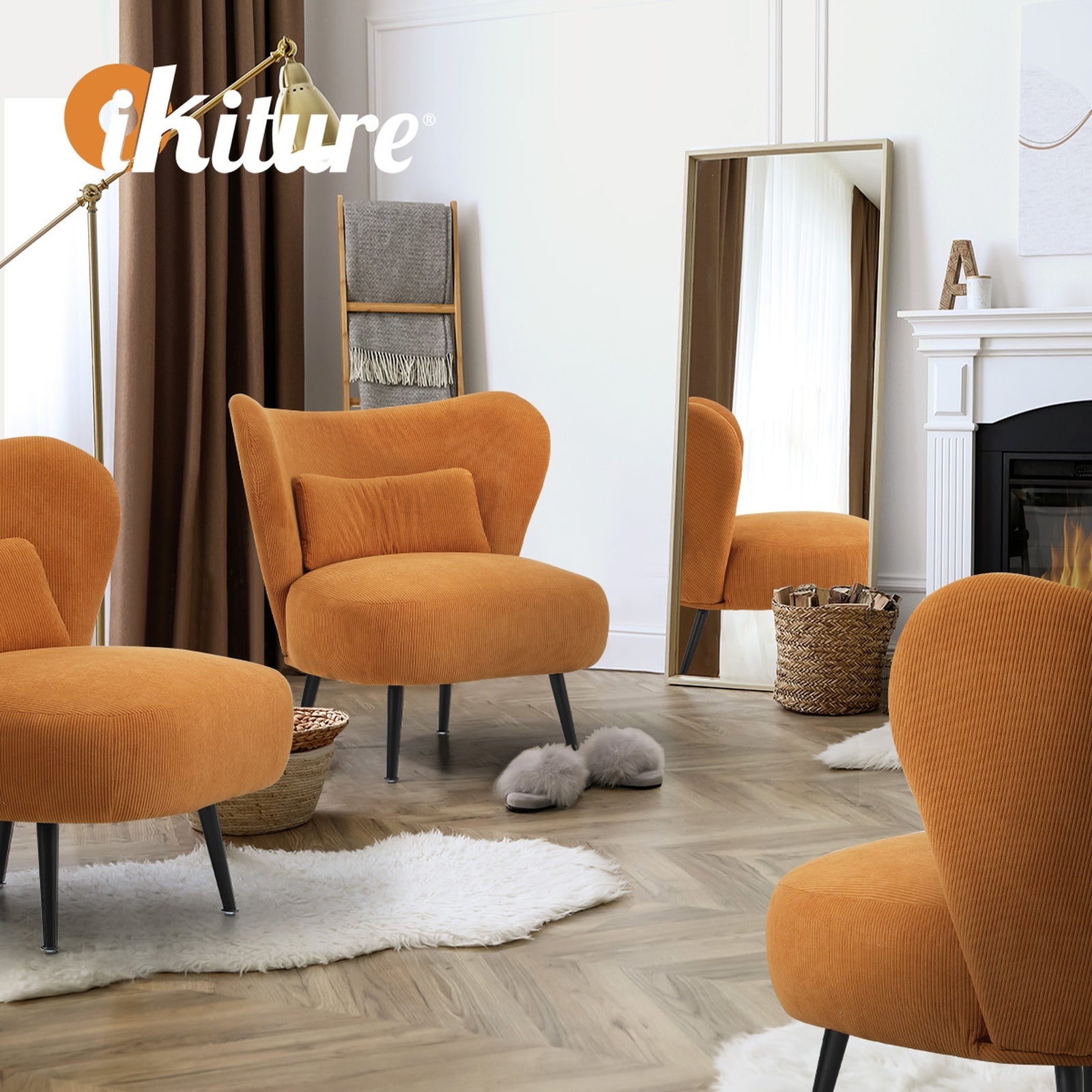 Oikiture 2x Armchair Lounge Chair with Lumbar Pillow Wingback Velvet Orange - Sunyee