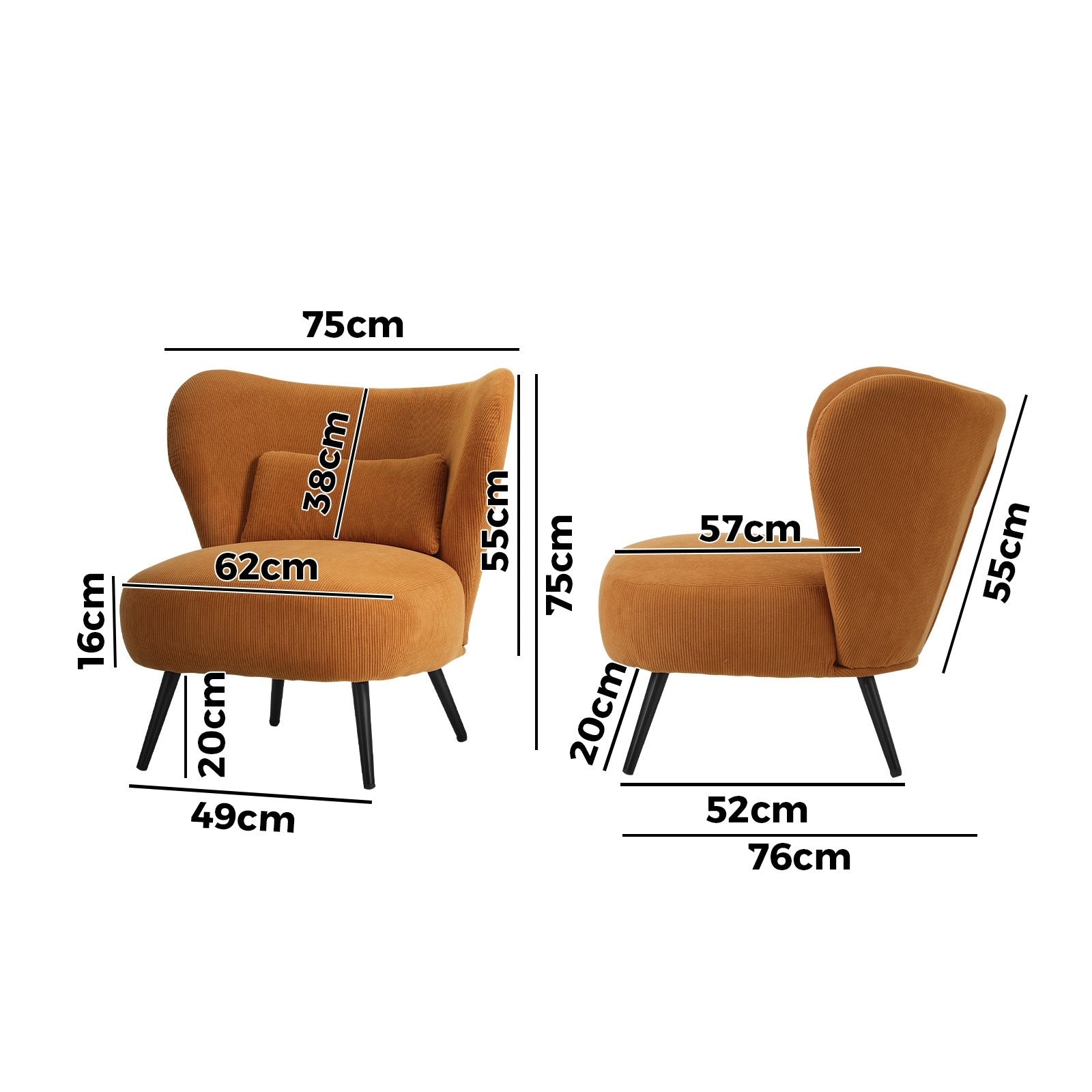 Oikiture 2x Armchair Lounge Chair with Lumbar Pillow Wingback Velvet Orange - Sunyee