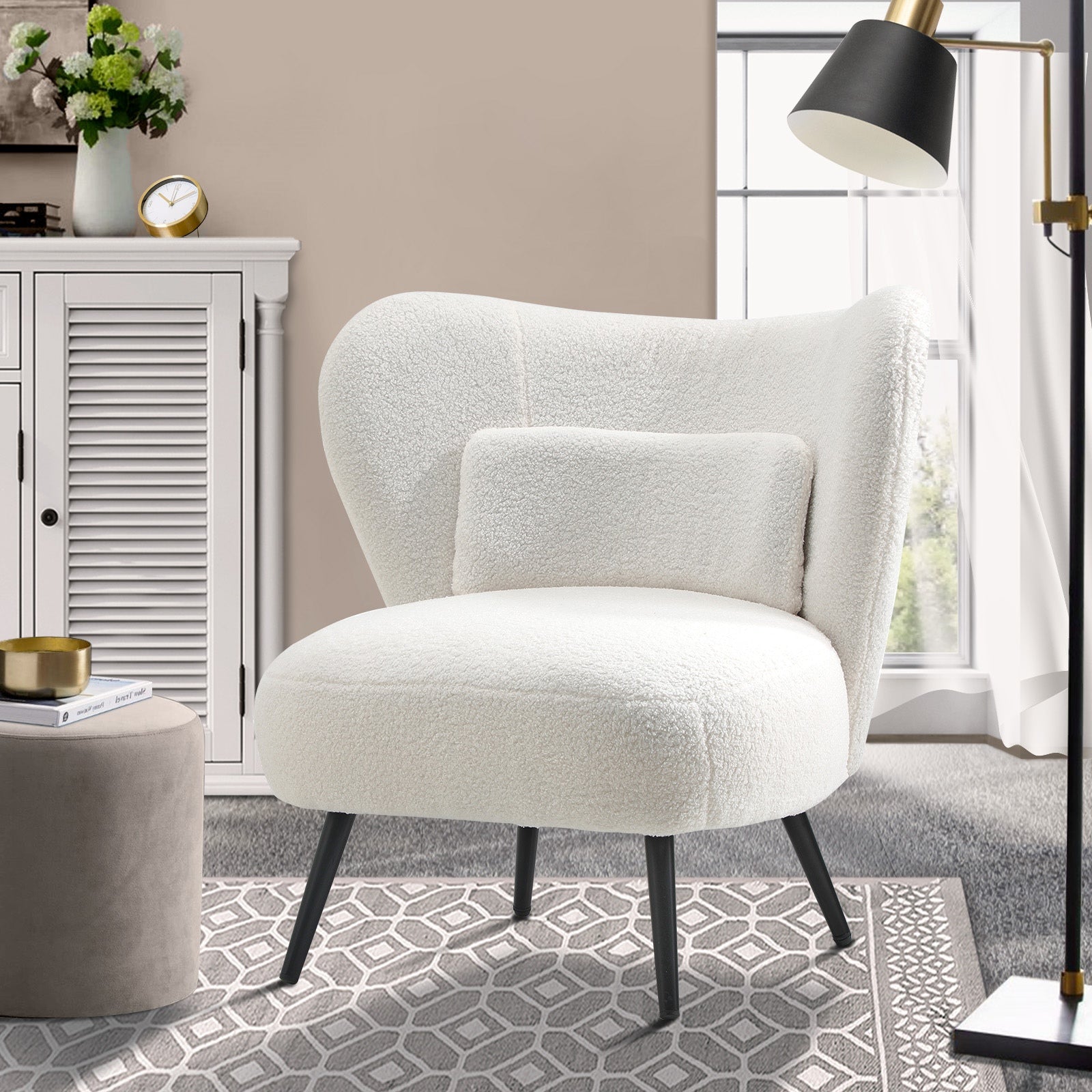 Oikiture Armchair Lounge Chair with Lumbar Pillow Wingback Boucle White - Sunyee