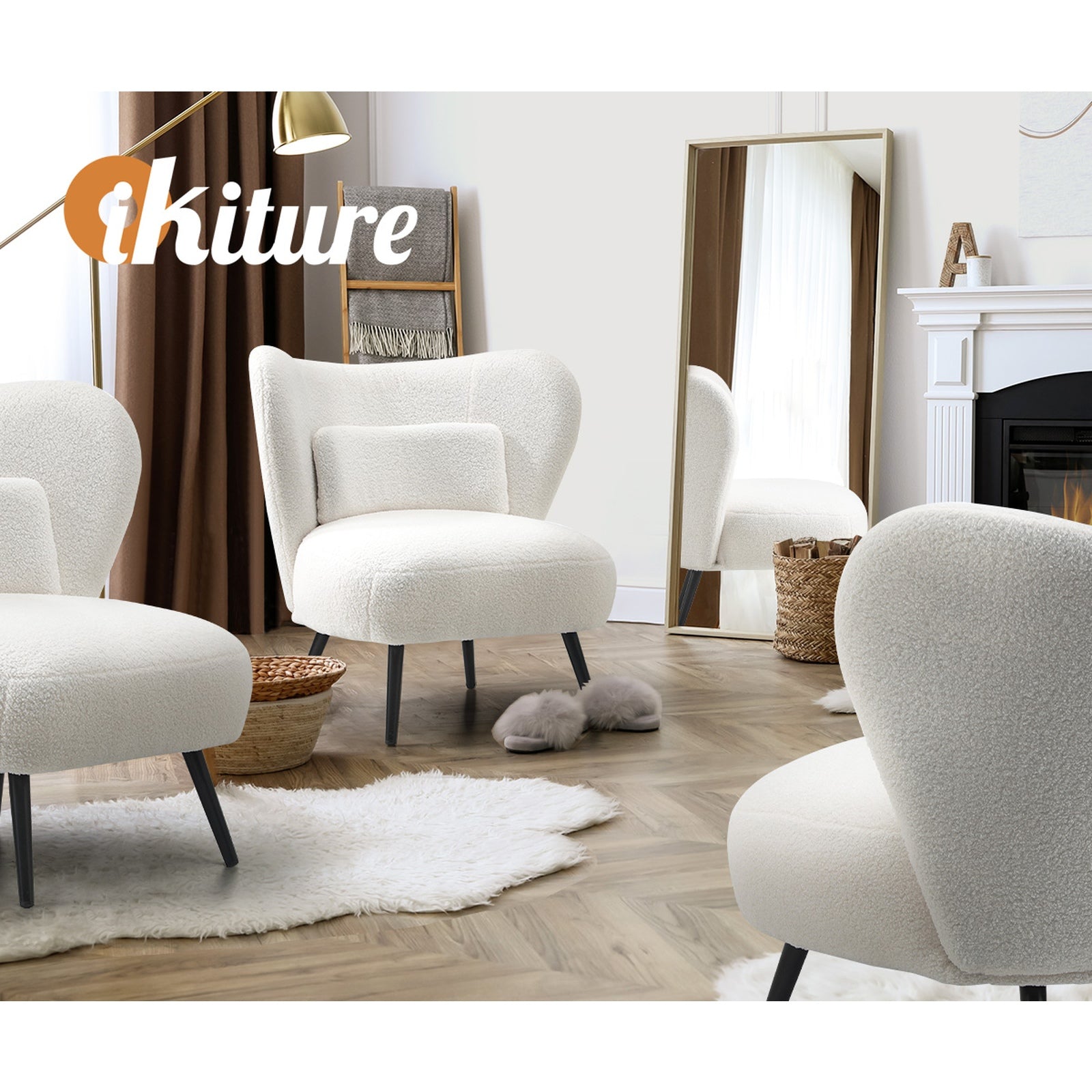 Oikiture Armchair Lounge Chair with Lumbar Pillow Wingback Boucle White - Sunyee