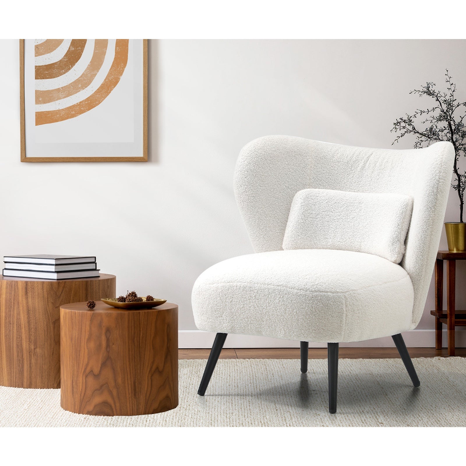 Oikiture Armchair Lounge Chair with Lumbar Pillow Wingback Boucle White - Sunyee