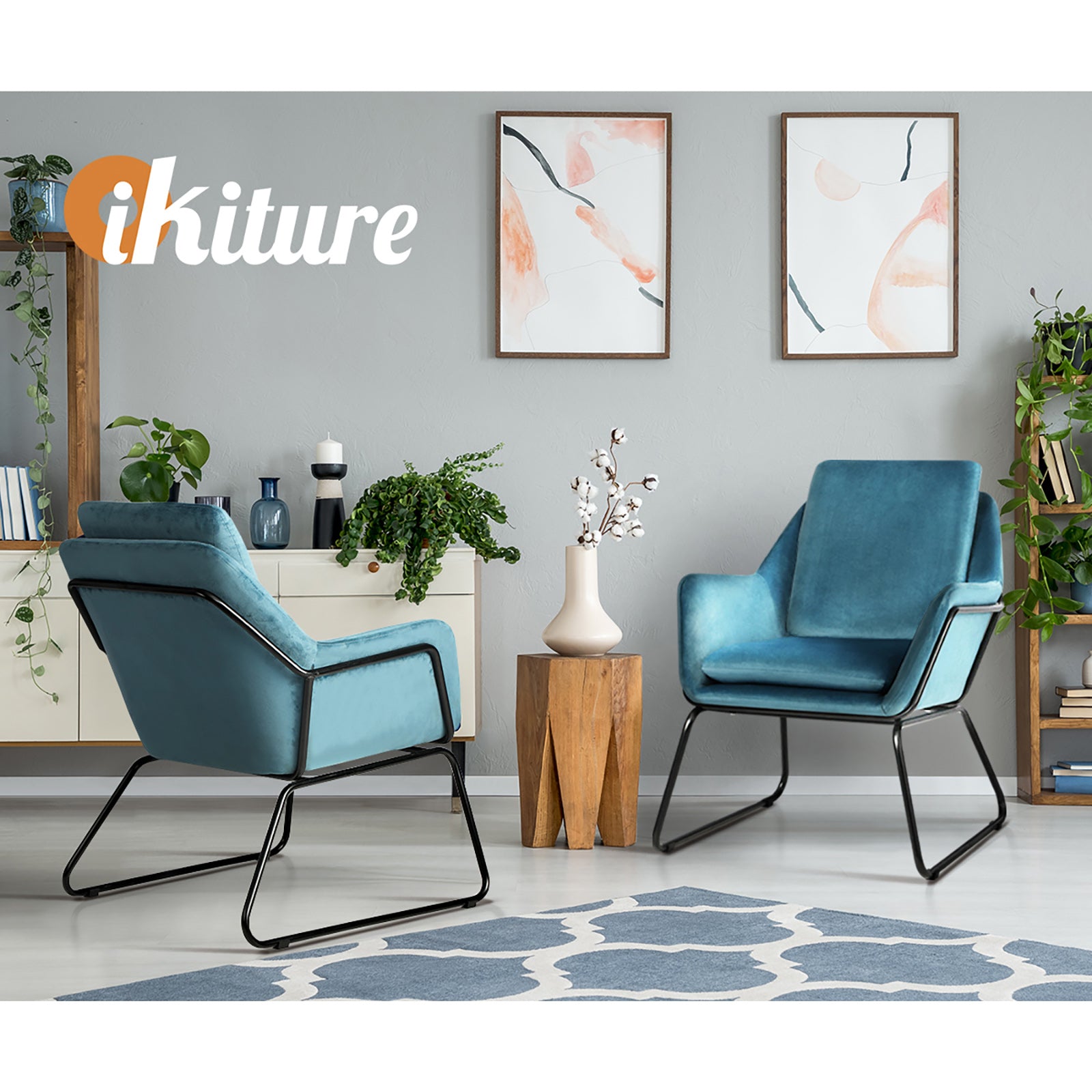 Oikiture Armchair Velvet Accent Chairs Tub Chair Sofa Lounge Upholstered Blue - Sunyee