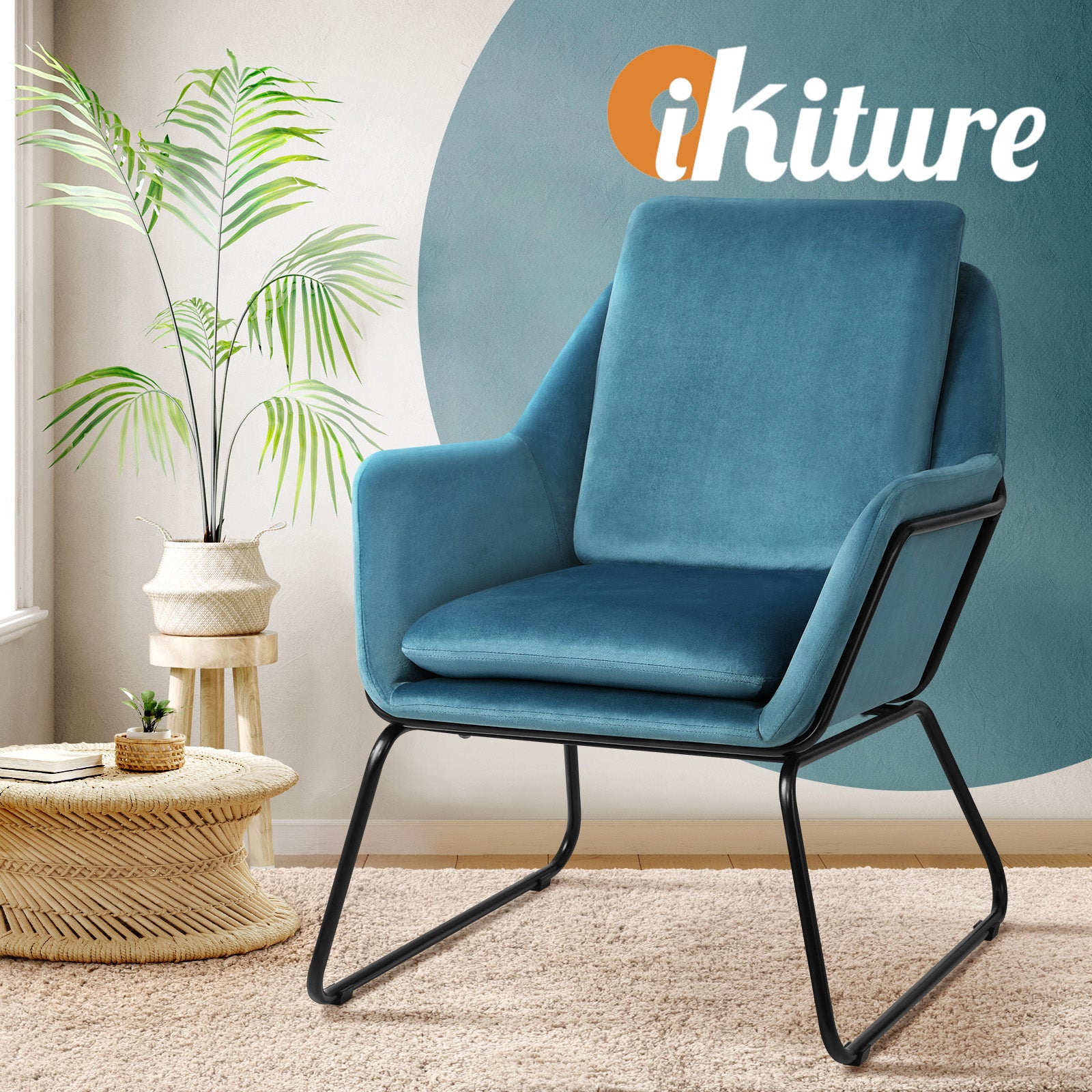 Oikiture Armchair Velvet Accent Chairs Tub Chair Sofa Lounge Upholstered Blue - Sunyee