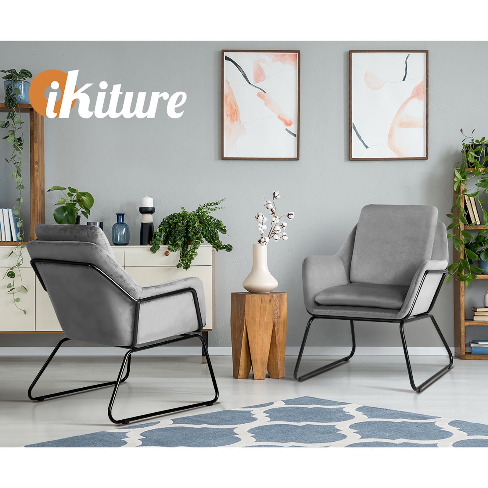 Oikiture Armchair Velvet Accent Chairs Tub Chair Sofa Lounge Upholstered Grey - Sunyee