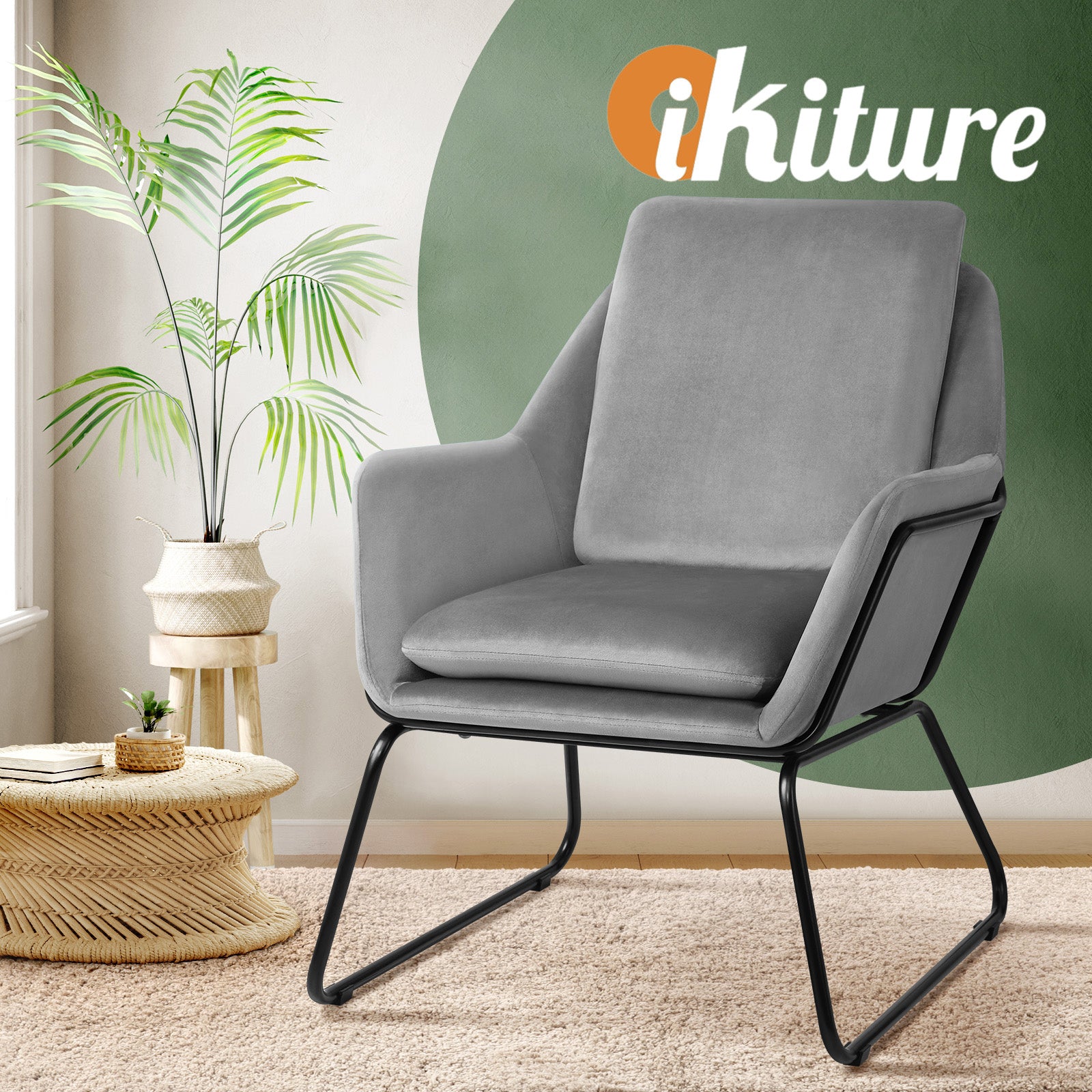 Oikiture Armchair Velvet Accent Chairs Tub Chair Sofa Lounge Upholstered Grey - Sunyee