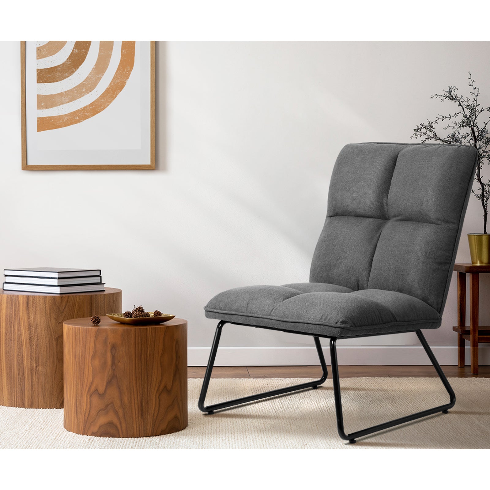 Oikiture Armchair Lounge Chair Accent Chairs Linen Fabric Upholstered Dark Grey - Sunyee