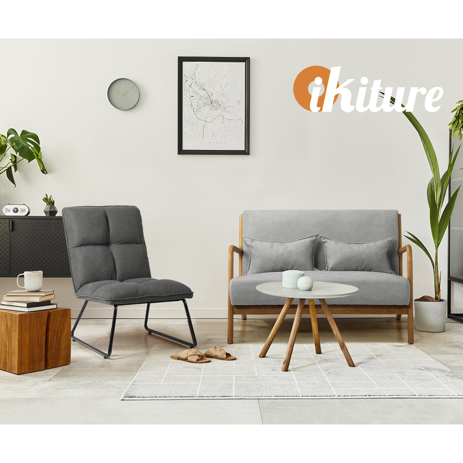 Oikiture Armchair Lounge Chair Accent Chairs Linen Fabric Upholstered Dark Grey - Sunyee