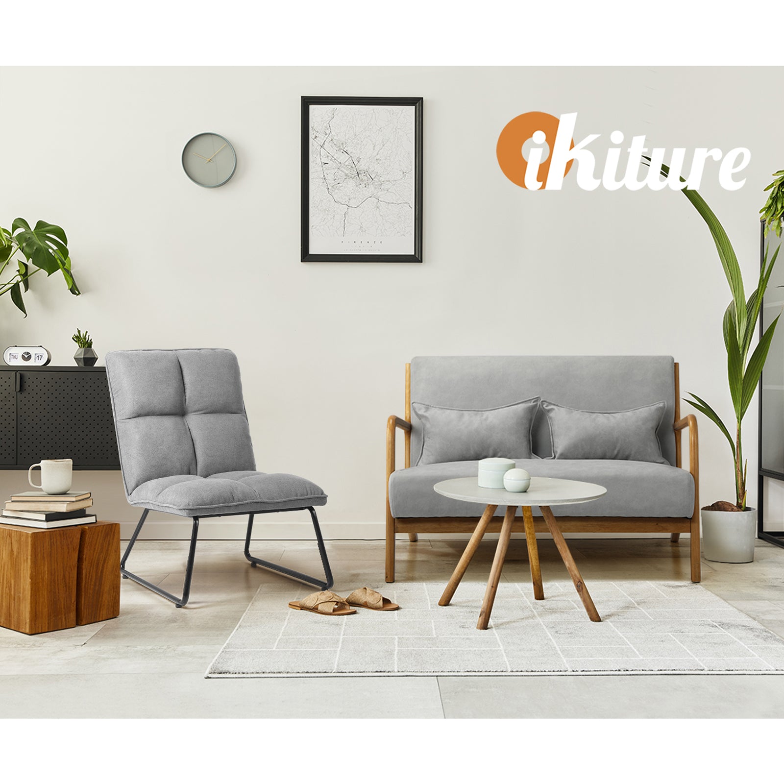 Oikiture Armchair Lounge Chair Accent Chairs Linen Fabric Upholstered Light Grey - Sunyee