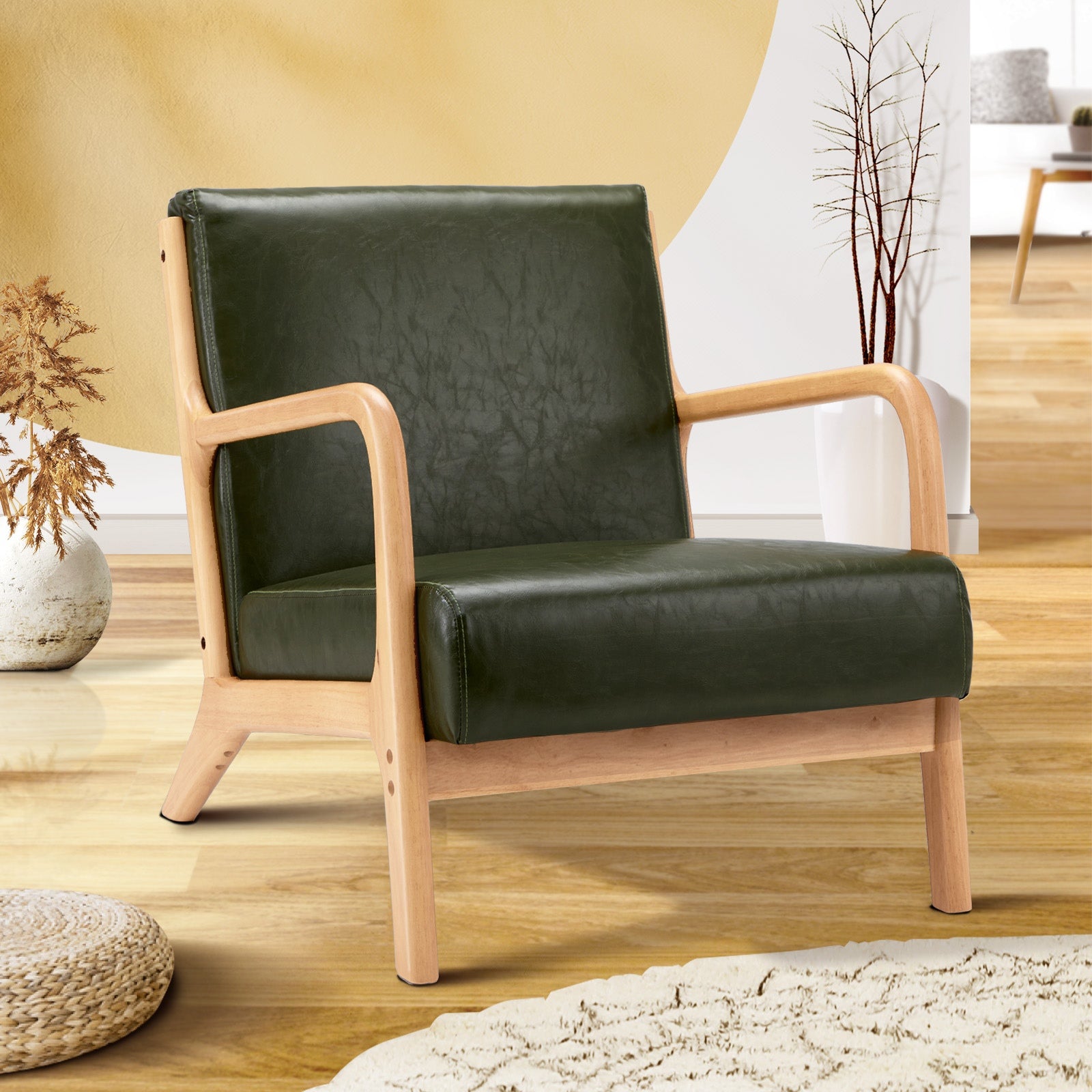 Oikiture Armchair Lounge Chair Accent Armchairs Couches Sofa Wood PU Green - Sunyee