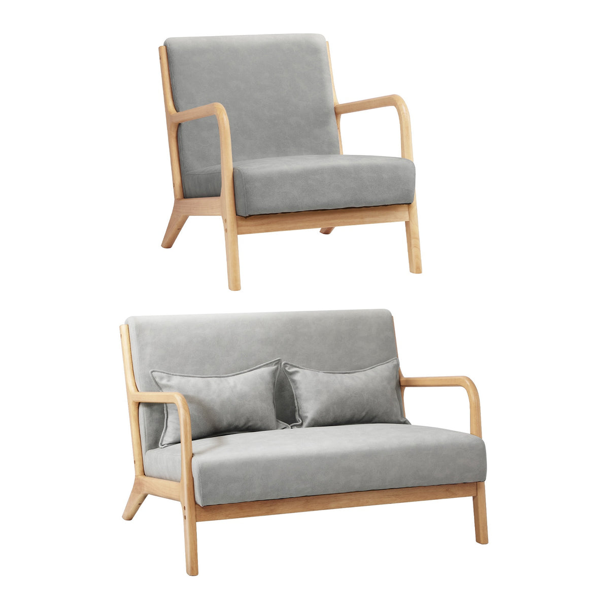 Oikiture 2PCS Armchair Lounge Chair set 1/2 Seater with 2 Pillows Fabric Grey - Sunyee