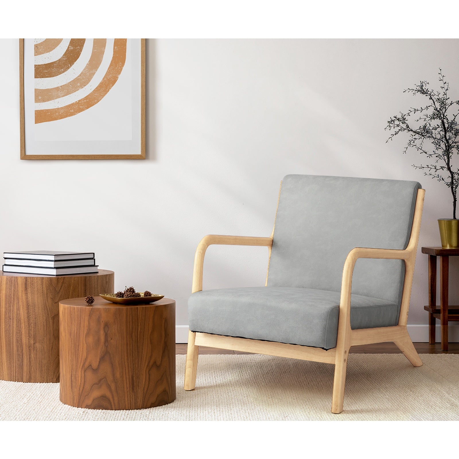 Oikiture Armchair Lounge Chair Accent Armchairs Couches Sofa Wood Light Grey - Sunyee