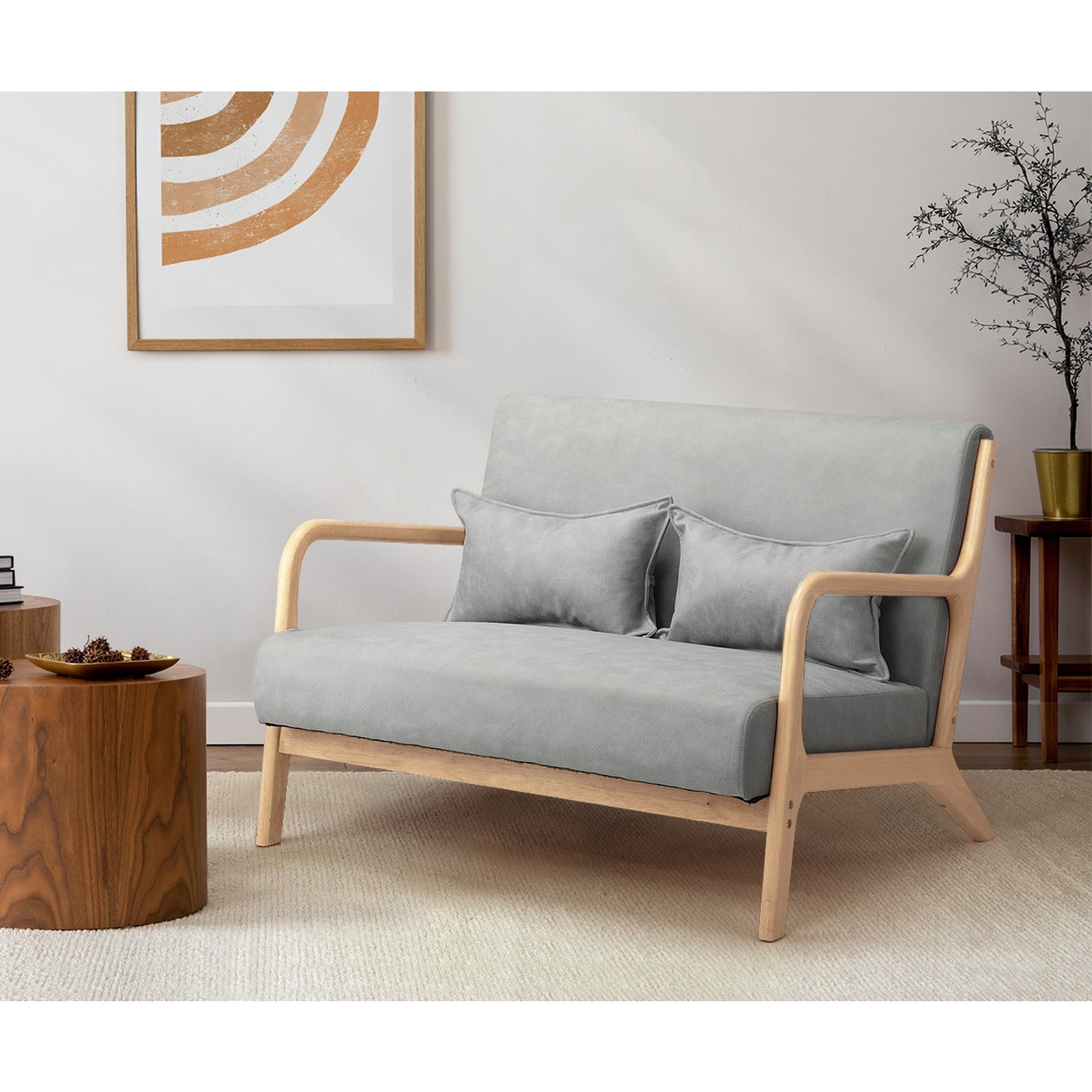 Oikiture Armchair Lounge Chair 2 Seater Accent Couch Sofa Fabric Grey Pillows - Sunyee