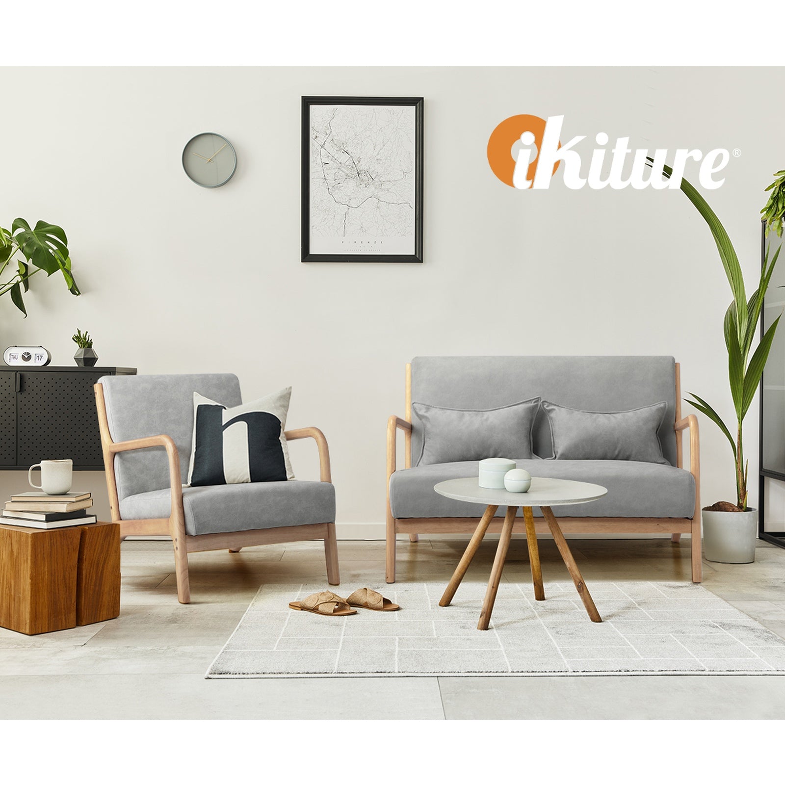 Oikiture Armchair Lounge Chair 2 Seater Accent Couch Sofa Fabric Grey Pillows - Sunyee