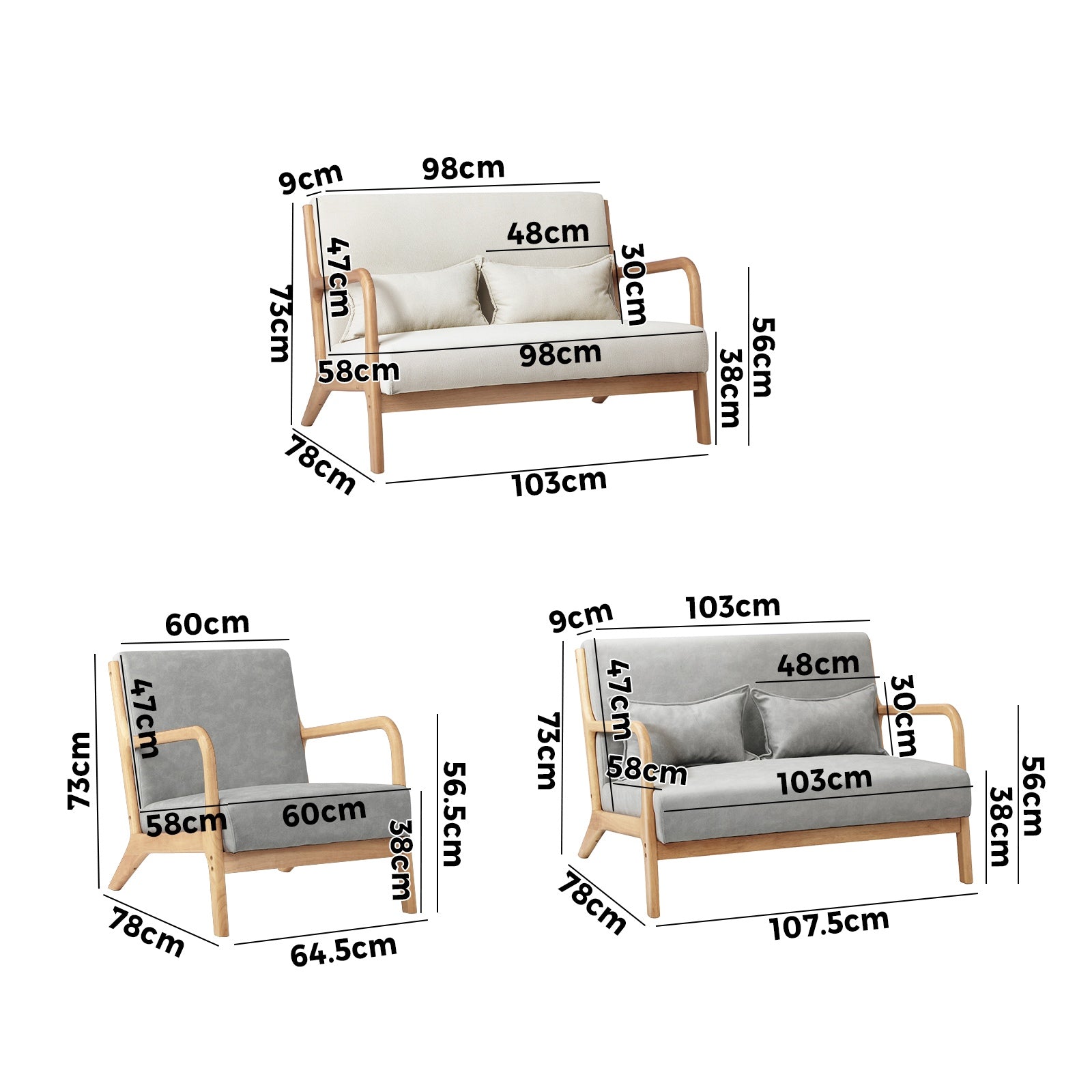 Oikiture Armchair Lounge Chair 1/2 Seater Accent Couch Sofa Fabric Seat Chairs - Sunyee