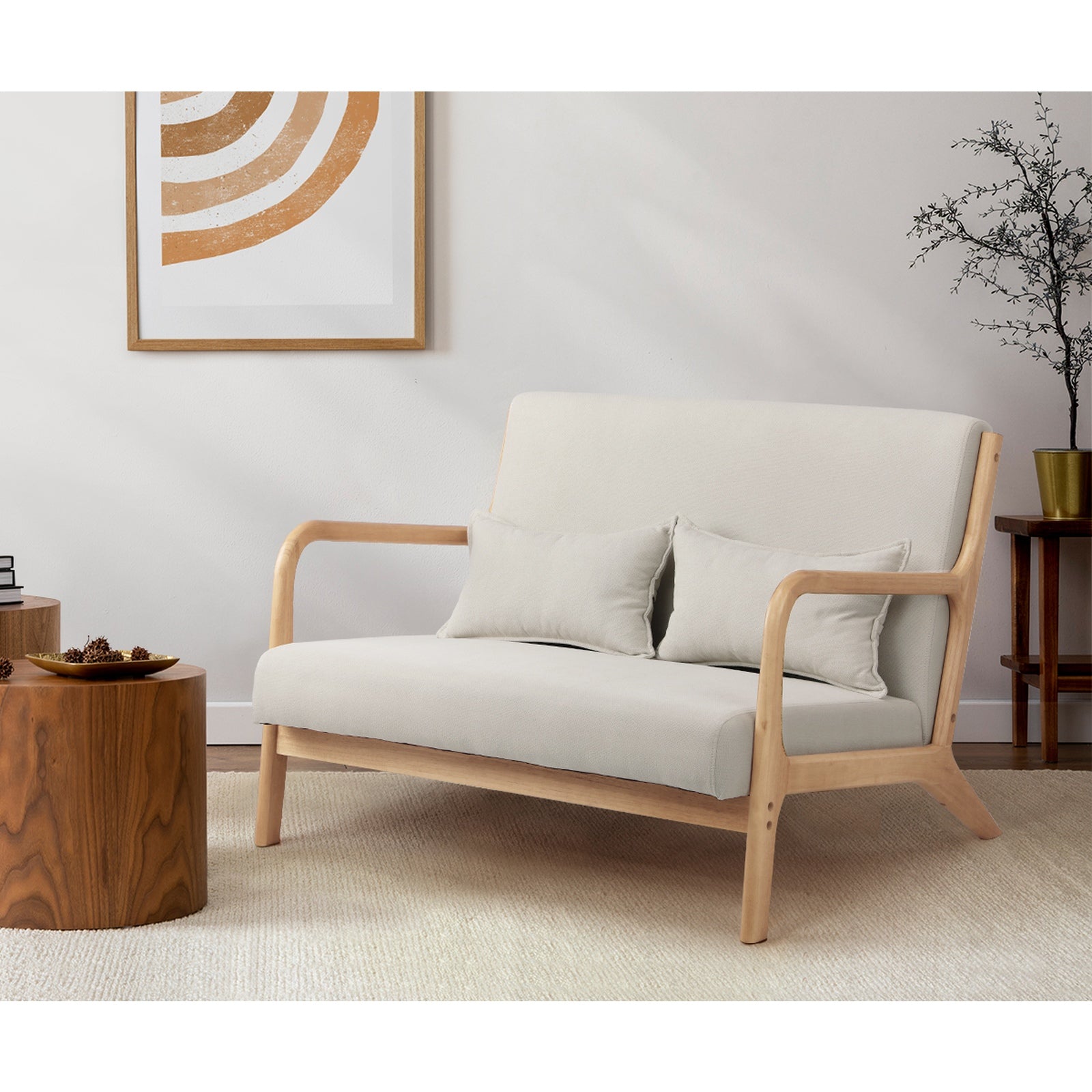 Oikiture Armchair Lounge Chair Accent Couch Sofa Pillows 2 Seater Fabric Beige - Sunyee