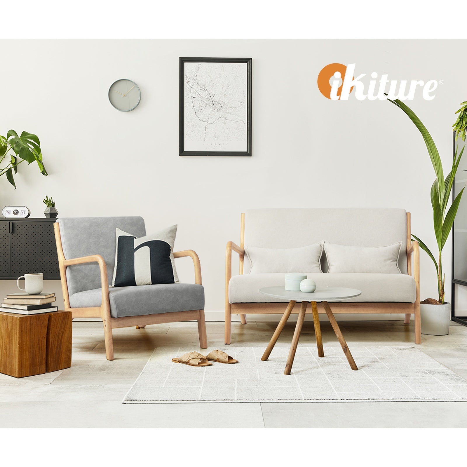 Oikiture Armchair Lounge Chair Accent Couch Sofa Pillows 2 Seater Fabric Beige - Sunyee