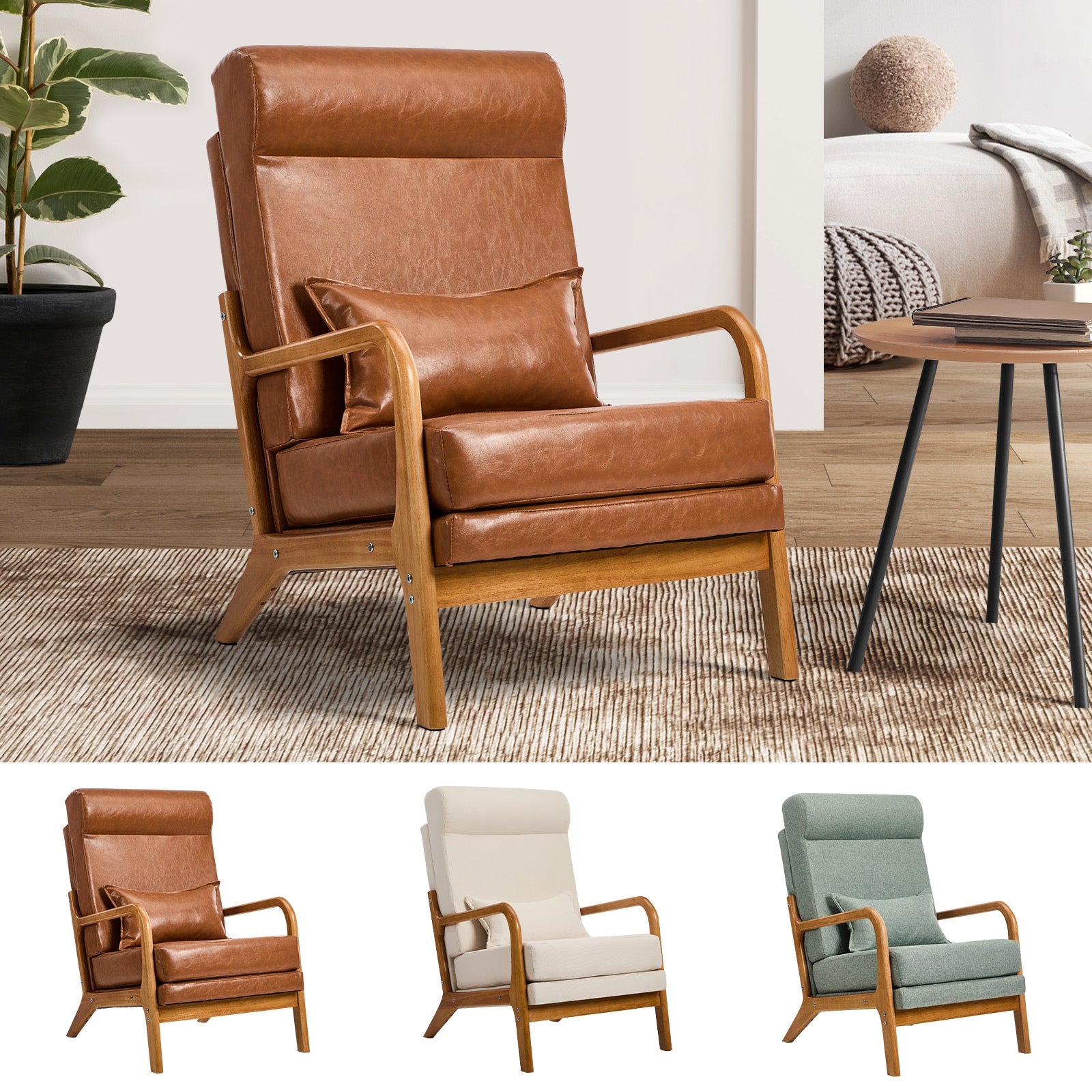 Oikiture Armchair Linen Fabric Lounge Chair Accent Chairs Armchairs with Lumbar - Sunyee