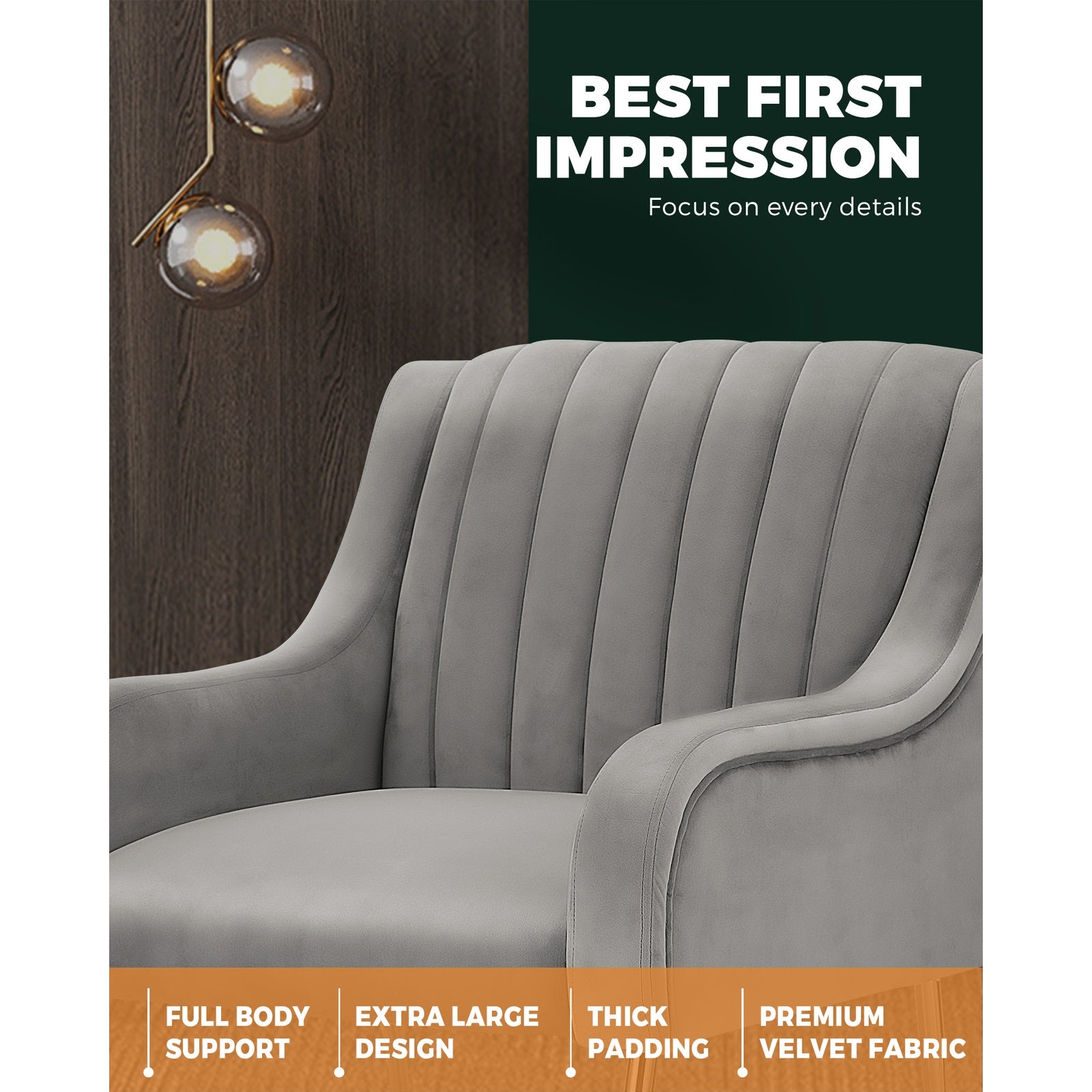 Oikiture Armchair Lounge Chair Accent Chairs Velvet Armchairs Sofa Couches Grey - Sunyee