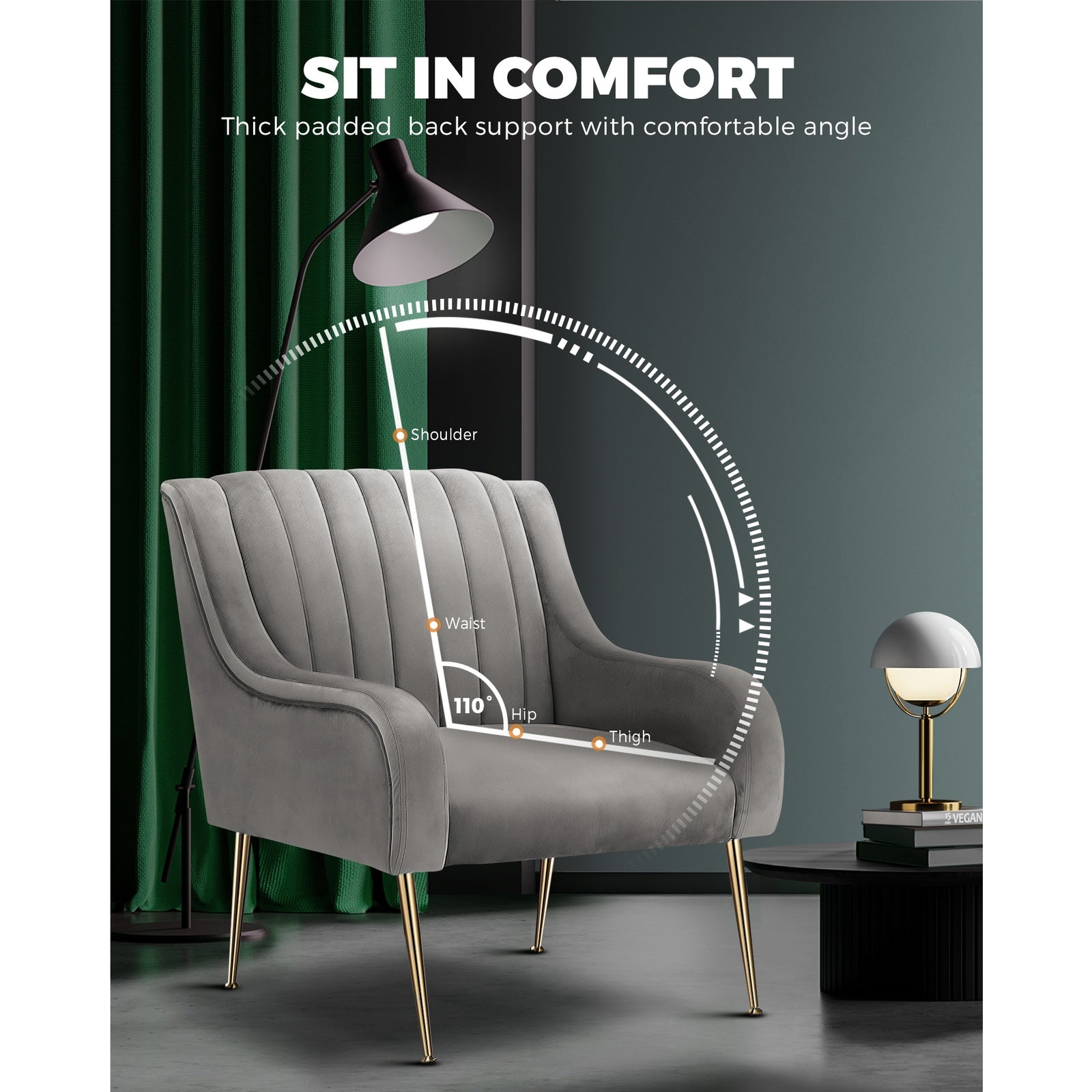 Oikiture Armchair Lounge Chair Accent Chairs Velvet Armchairs Sofa Couches Grey - Sunyee