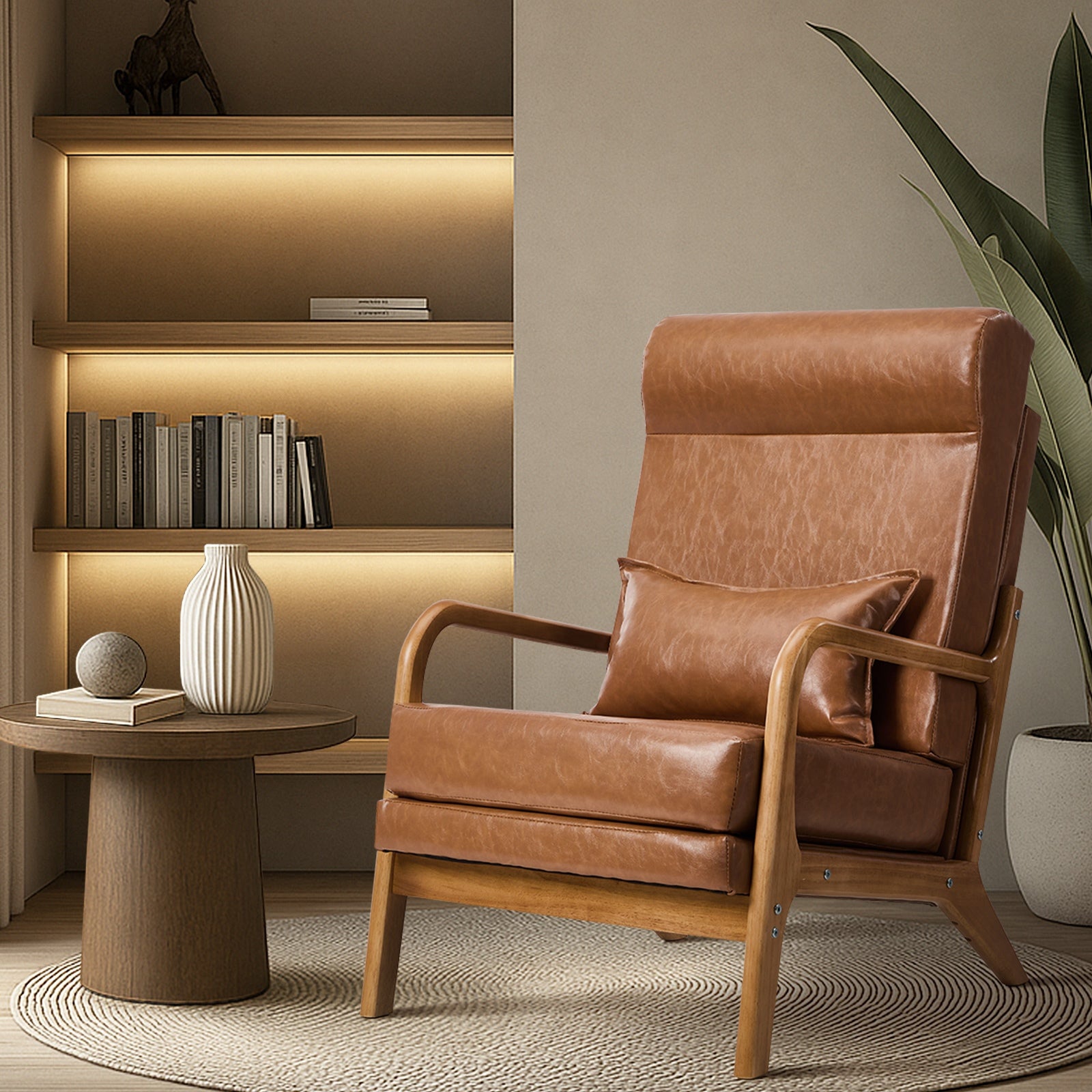 Oikiture 2x Armchair PU Leather Lounge Chair with Lumbar Pillow Brown - Sunyee