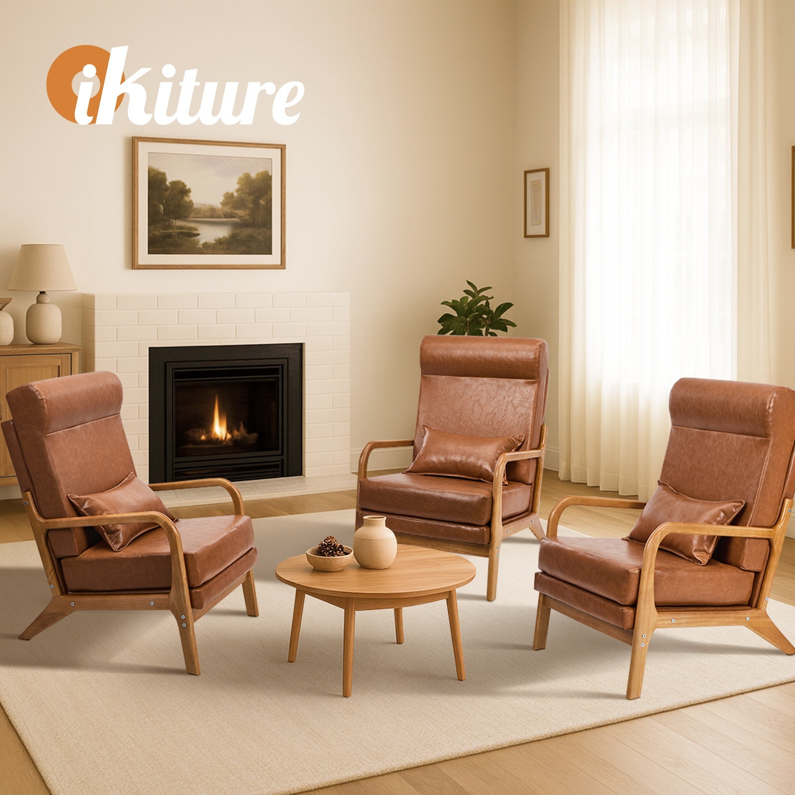 Oikiture 2x Armchair PU Leather Lounge Chair with Lumbar Pillow Brown - Sunyee