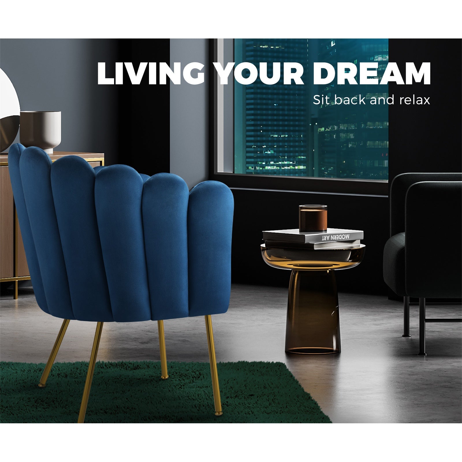 Oikiture Armchair Lounge Chair Accent Chairs Velvet Fabric Sofa Navy Blue - Sunyee