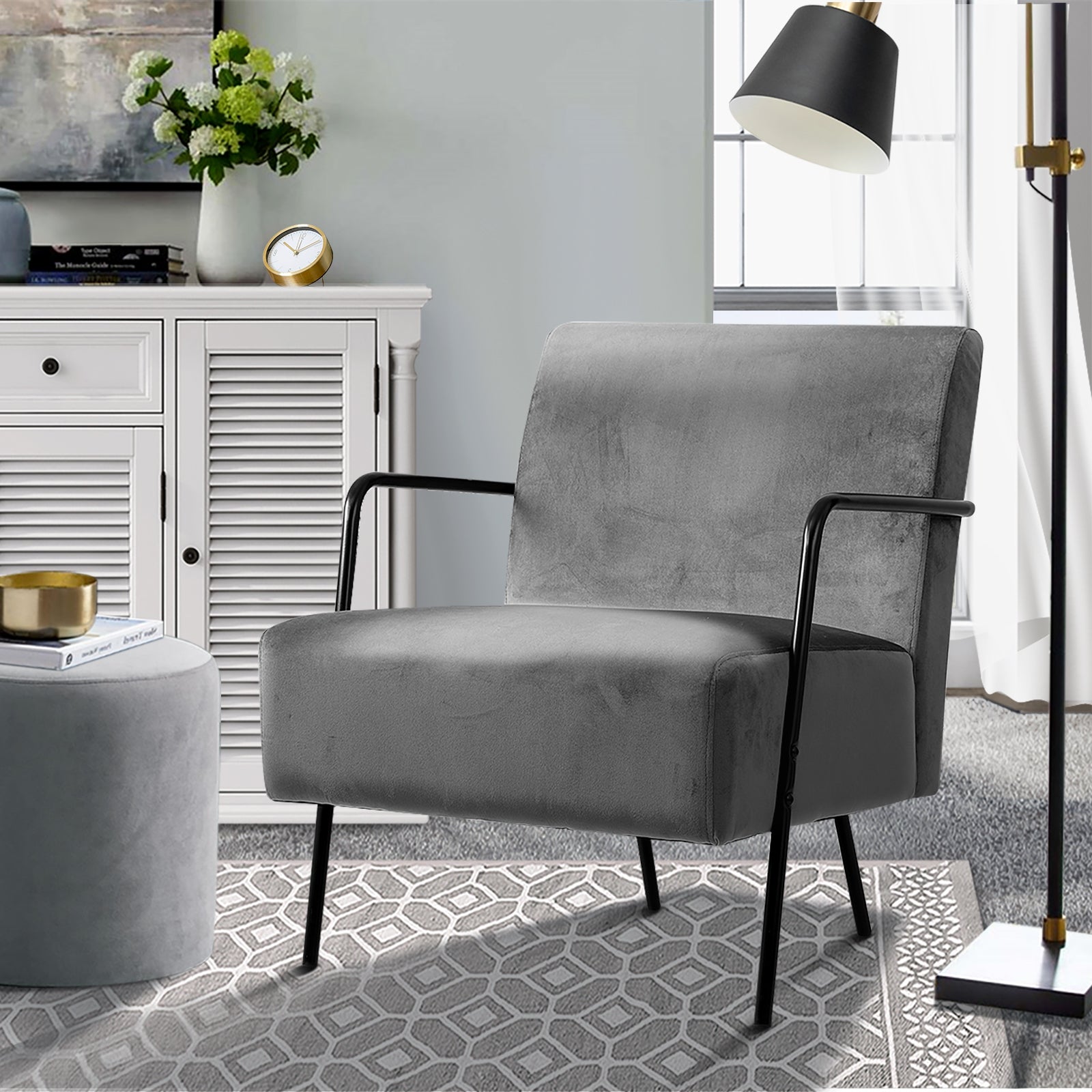 Oikiture Velvet Armchair Accent Chairs Sofa Lounge Upholstered Tub Chair Grey - Sunyee