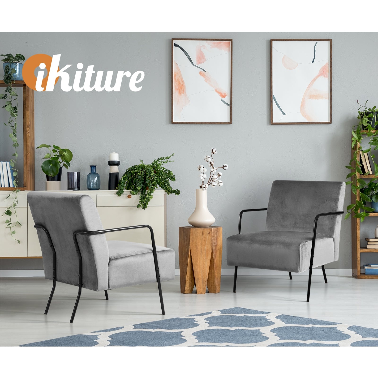 Oikiture Velvet Armchair Accent Chairs Sofa Lounge Upholstered Tub Chair Grey - Sunyee