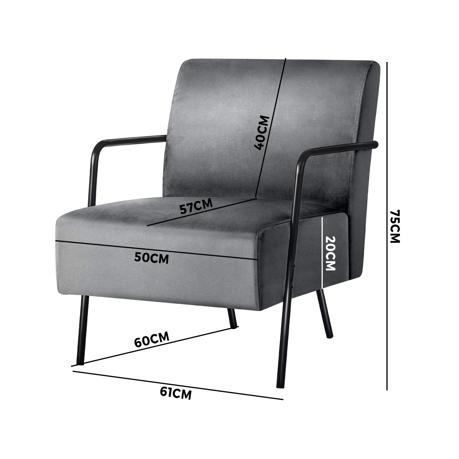 Oikiture Velvet Armchair Accent Chairs Sofa Lounge Upholstered Tub Chair Grey - Sunyee