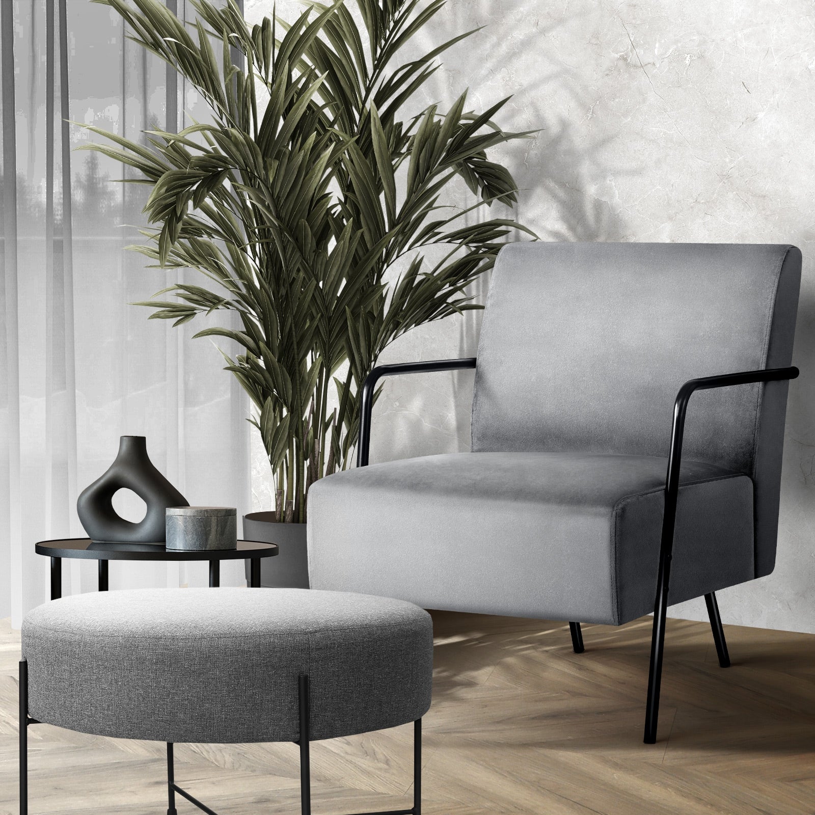 Oikiture Velvet Armchair Accent Chairs Sofa Lounge Upholstered Tub Chair Grey - Sunyee