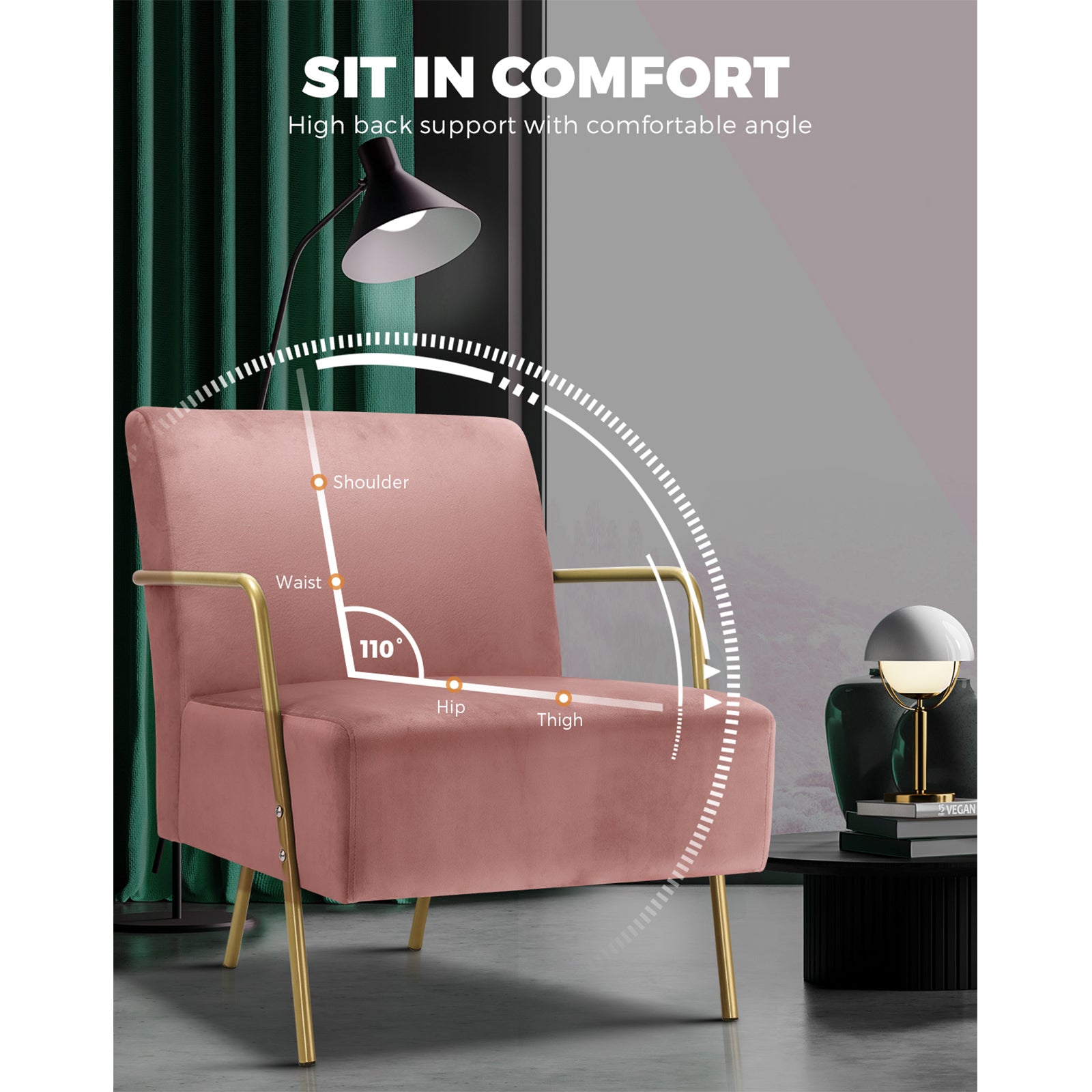 Oikiture Armchair Lounge Sofa Chair Fabric Accent Chairs Armchairs Couches Pink - Sunyee