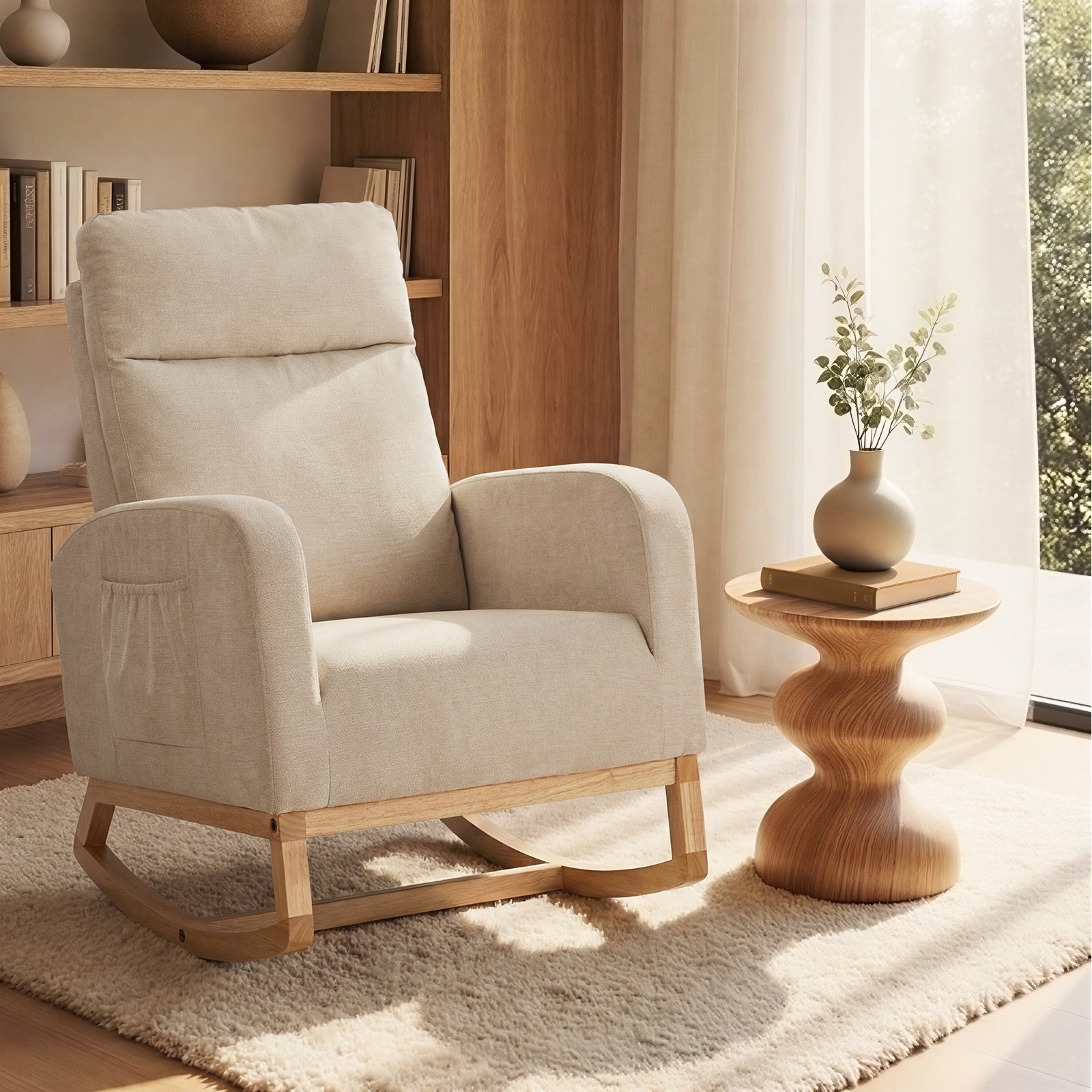Oikiture Rocking Armchair Linen Fabric Lounge Chair Accent Chair Beige - Sunyee