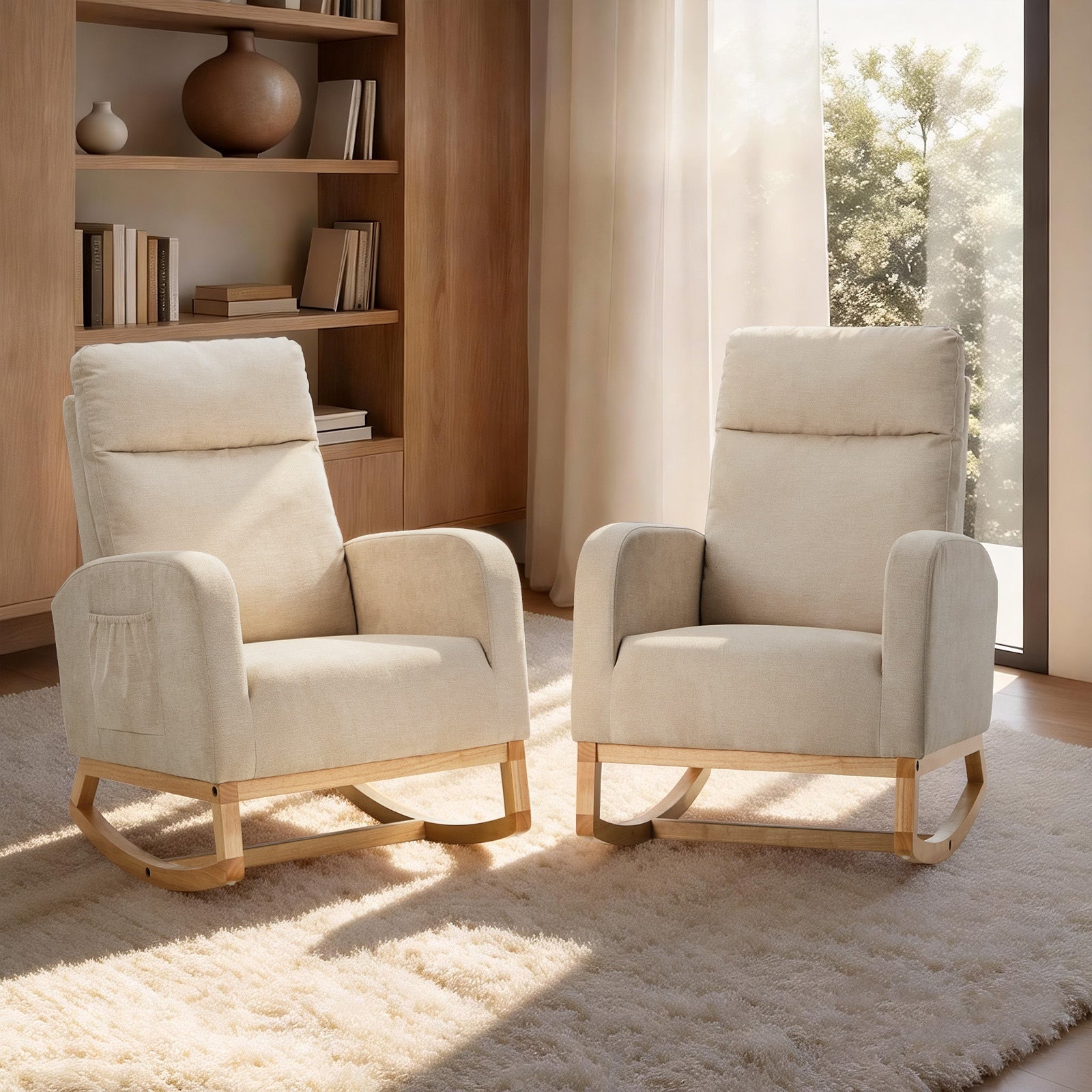 Oikiture 2x Rocking Armchair Linen Fabric Lounge Chair Accent Chair Beige - Sunyee