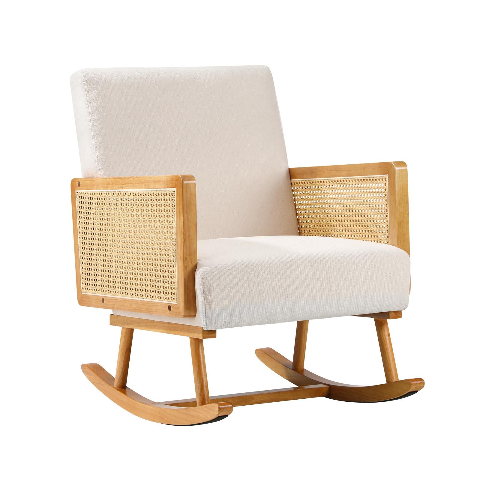 Oikiture Rocking Chair Nursing Armchair Linen Accent Chairs PE Rattan Beige - Sunyee