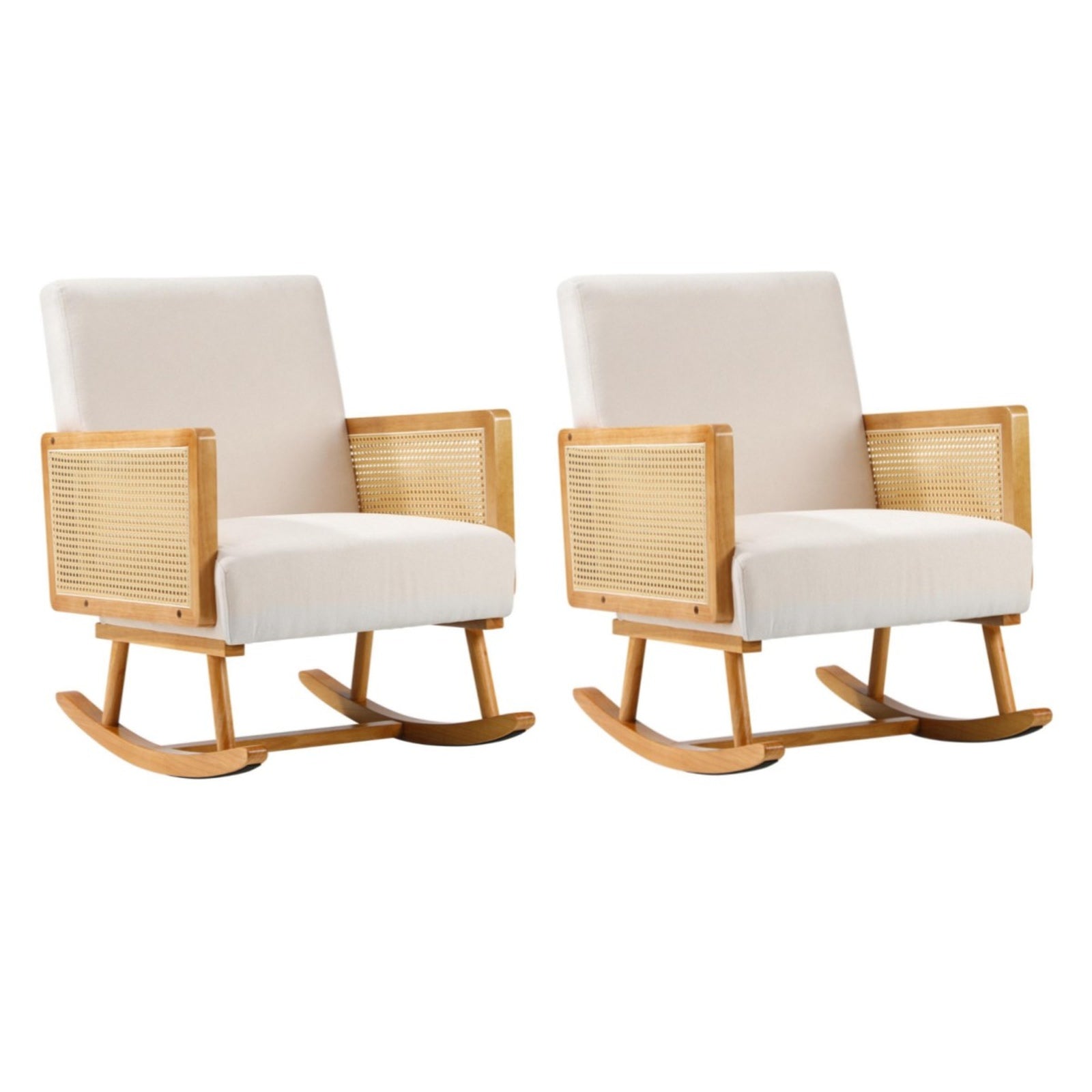 Oikiture 2x Rocking Chair Nursing Armchair Linen Accent Chairs PE Rattan Beige - Sunyee