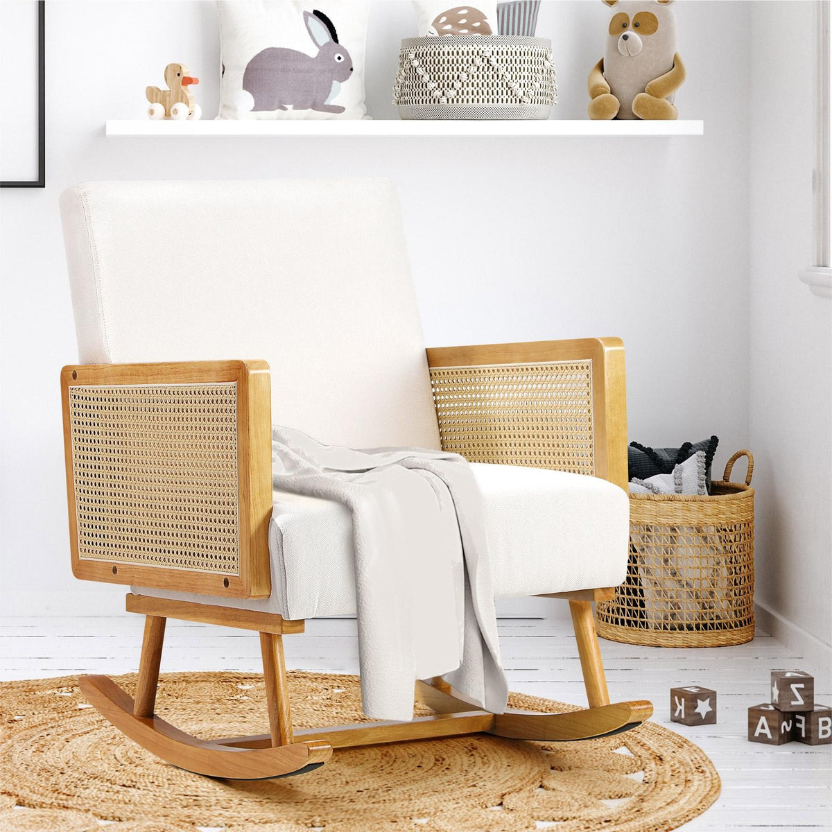 Oikiture 3x Rocking Chair Nursing Armchair Linen Accent Chairs PE Rattan Beige
