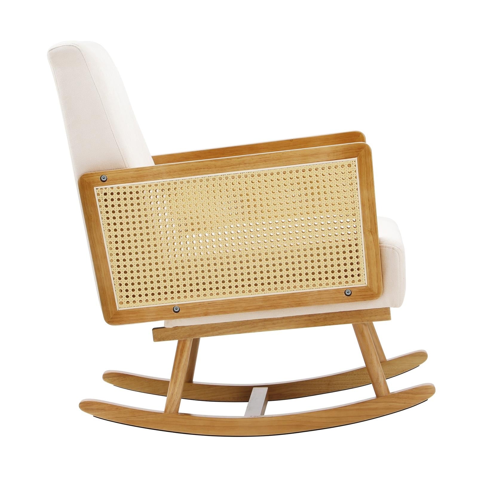 Oikiture 3x Rocking Chair Nursing Armchair Linen Accent Chairs PE Rattan Beige
